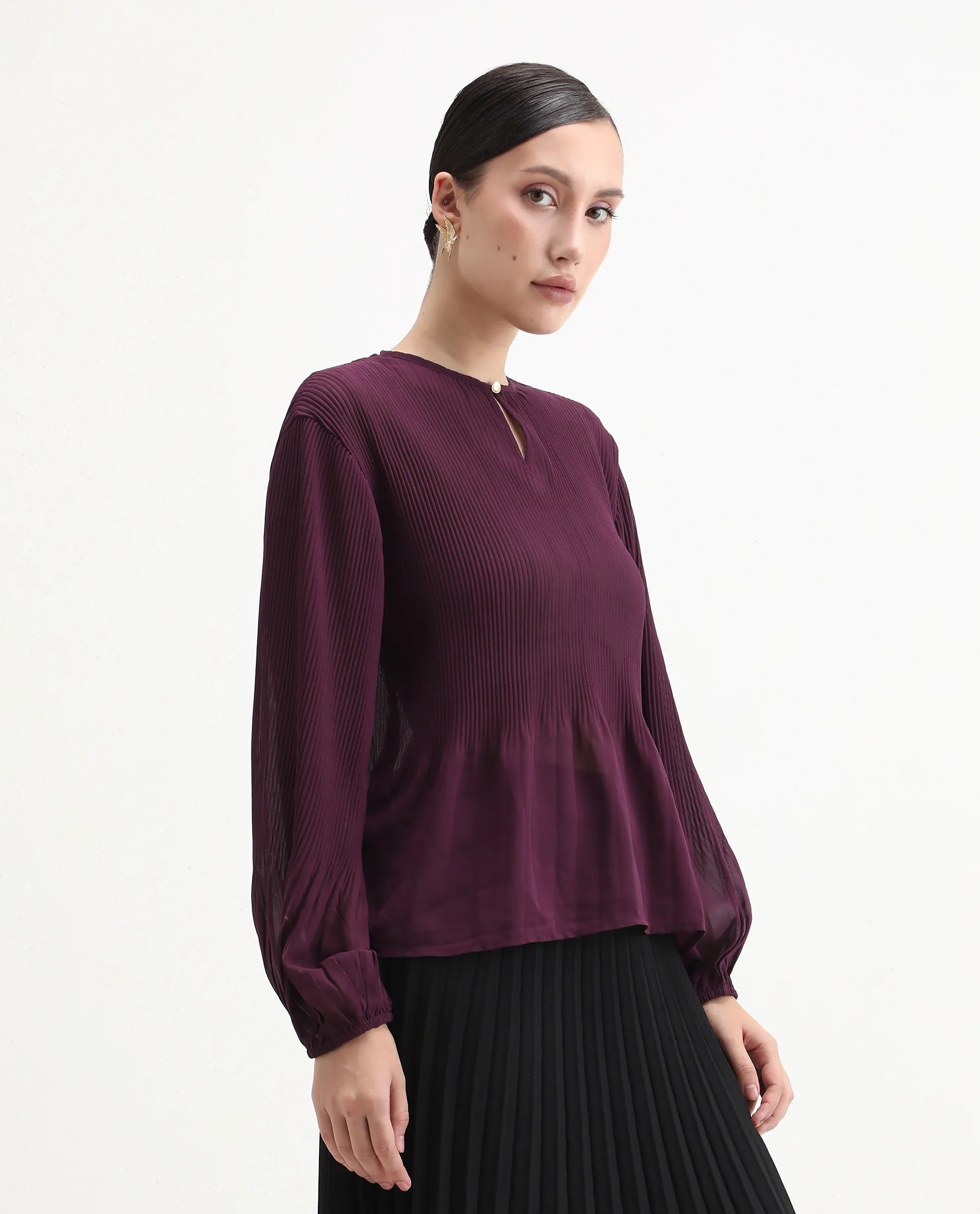 Rareism Women's Ordu Purple Polyester Mandarin Collar Plain Regular Fit Top - Image 6