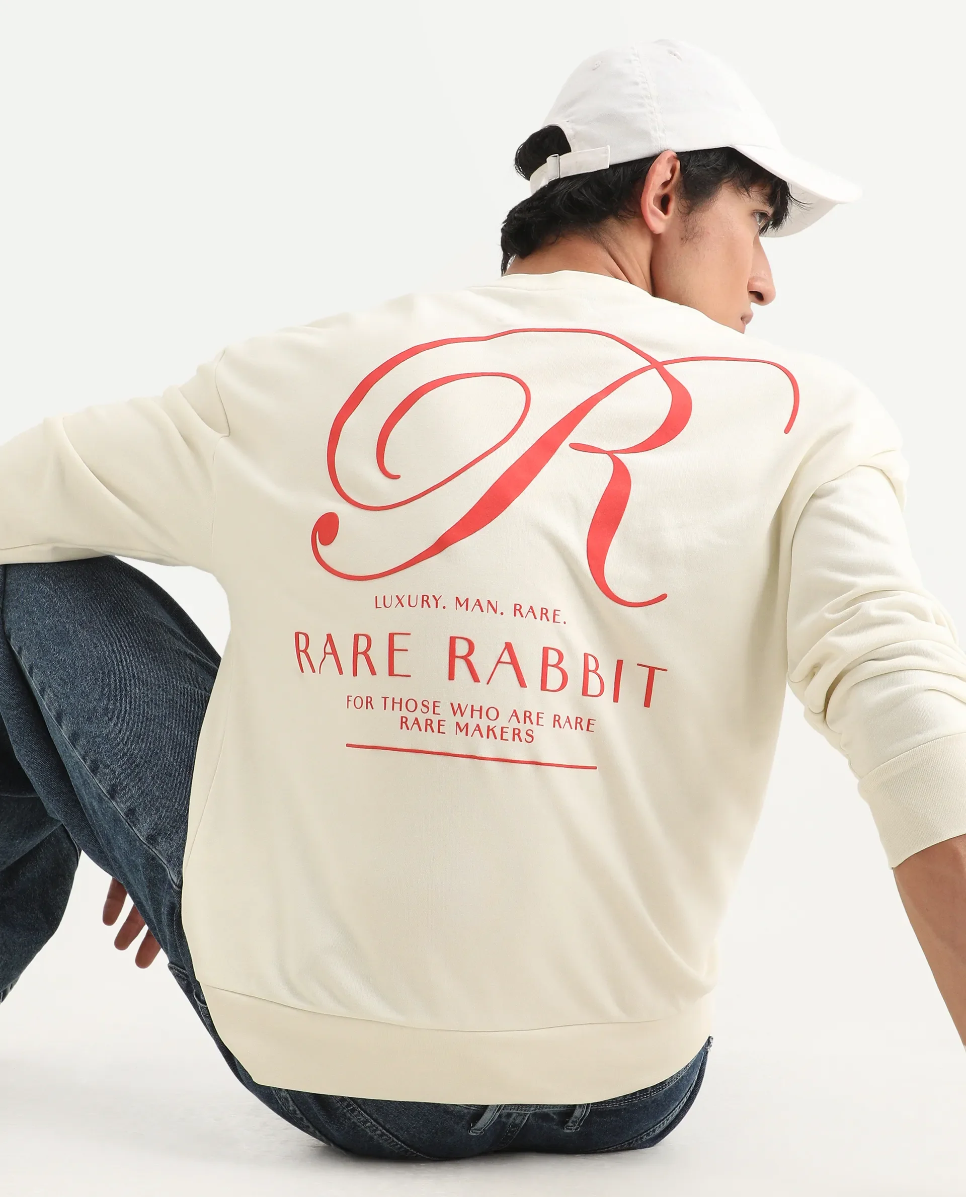 Rare Rabbit Men's Ore Off White Cotton Blend Typography Print Boxy Fit Full Sleeve High Neck Sweatshirt
