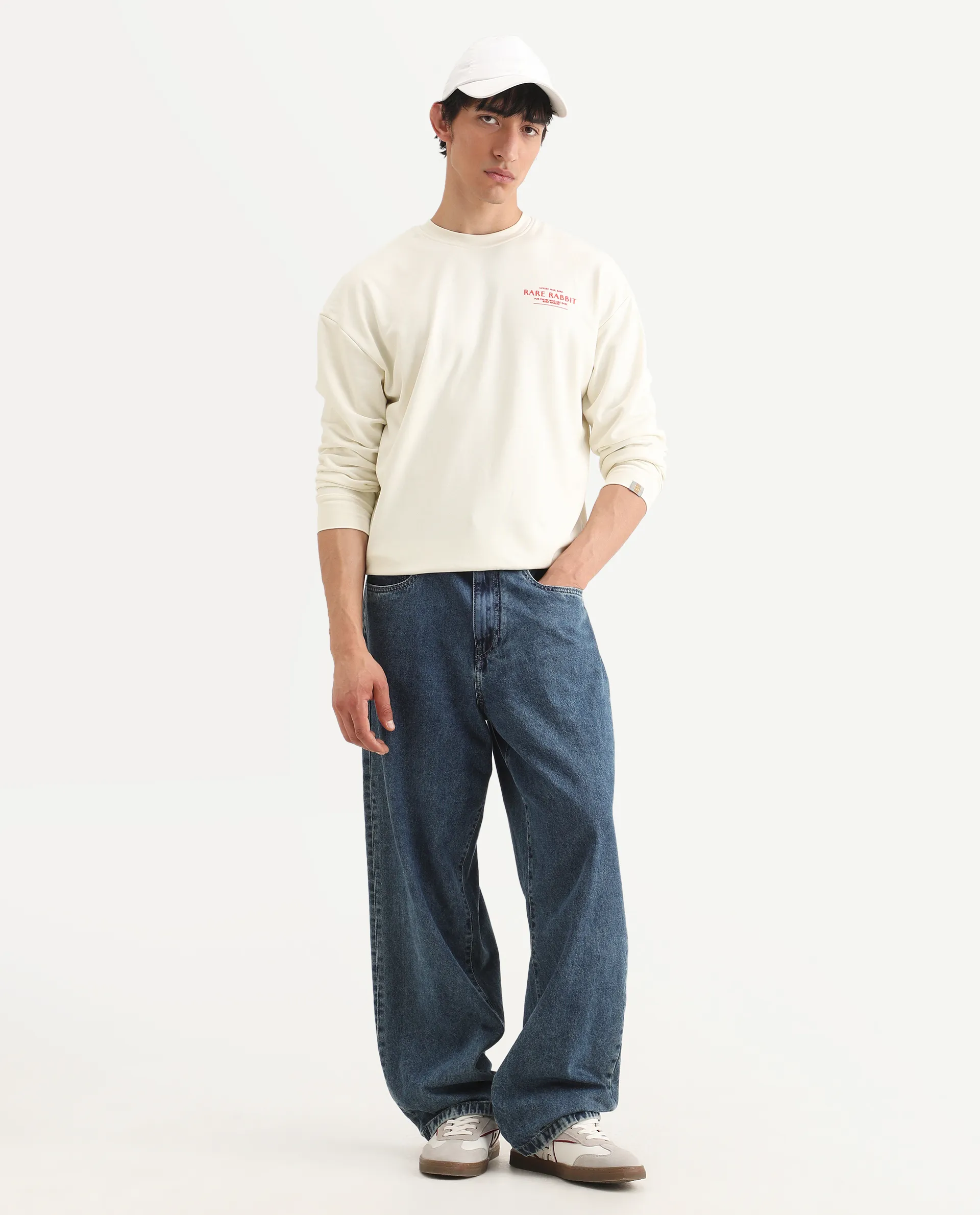 Rare Rabbit Men's Ore Off White Cotton Blend Typography Print Boxy Fit Full Sleeve High Neck Sweatshirt - Image 2