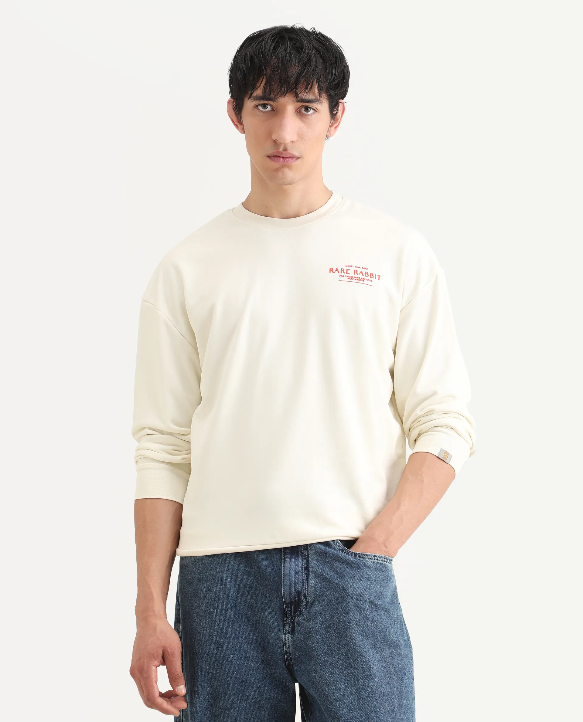 Rare Rabbit Men's Ore Off White Cotton Blend Typography Print Boxy Fit Full Sleeve High Neck Sweatshirt - Image 3
