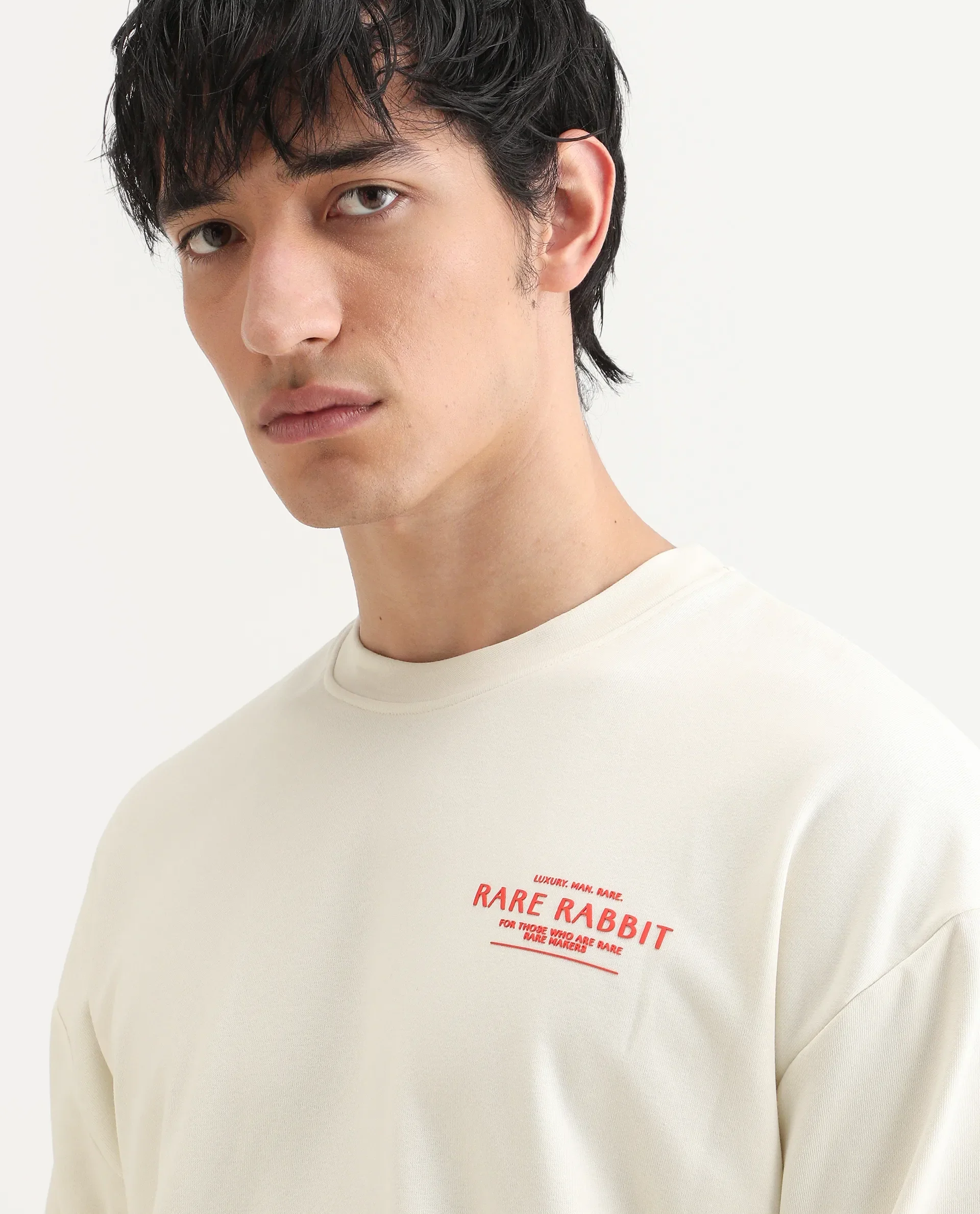 Rare Rabbit Men's Ore Off White Cotton Blend Typography Print Boxy Fit Full Sleeve High Neck Sweatshirt - Image 4
