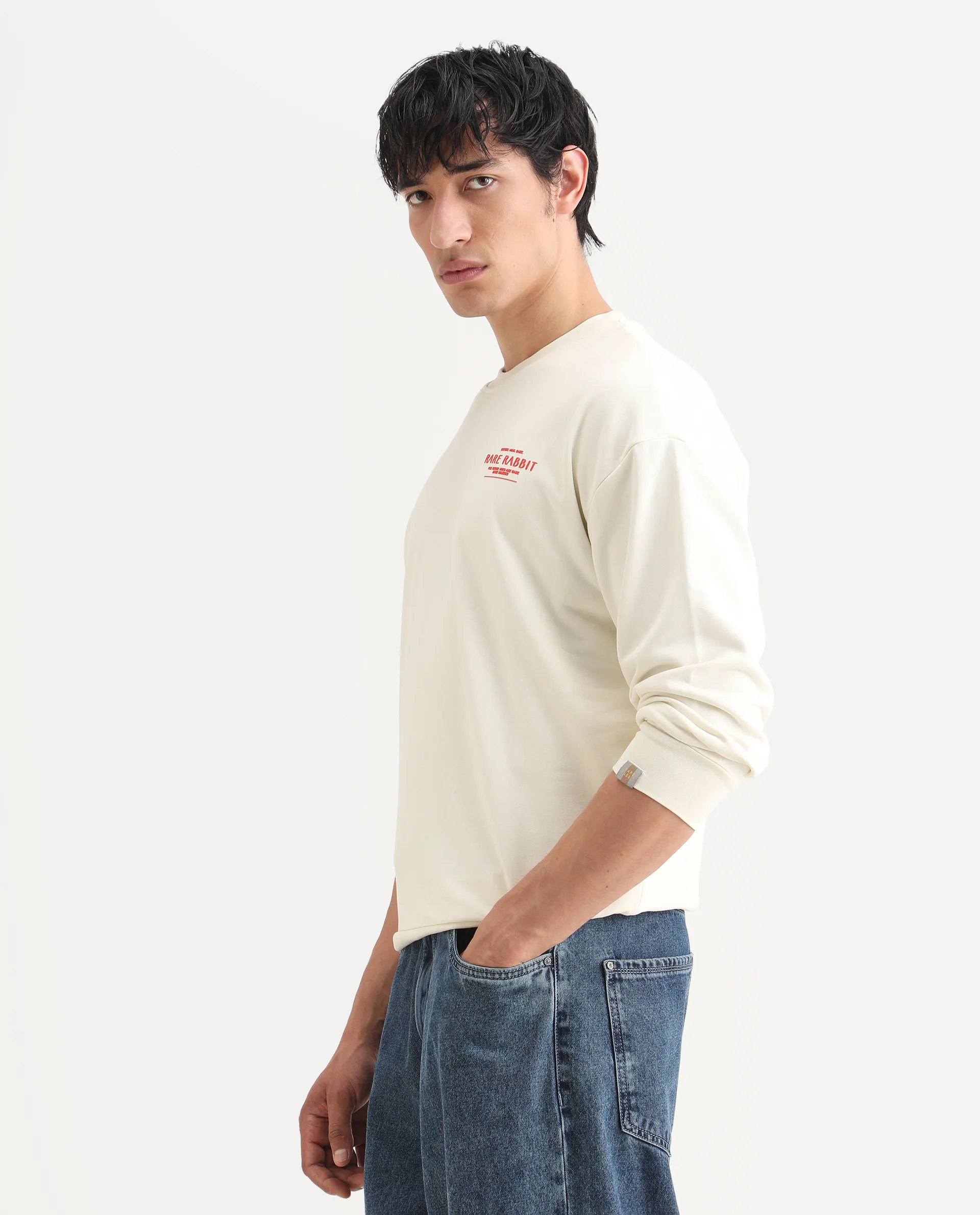 Rare Rabbit Men's Ore Off White Cotton Blend Typography Print Boxy Fit Full Sleeve High Neck Sweatshirt - Image 5