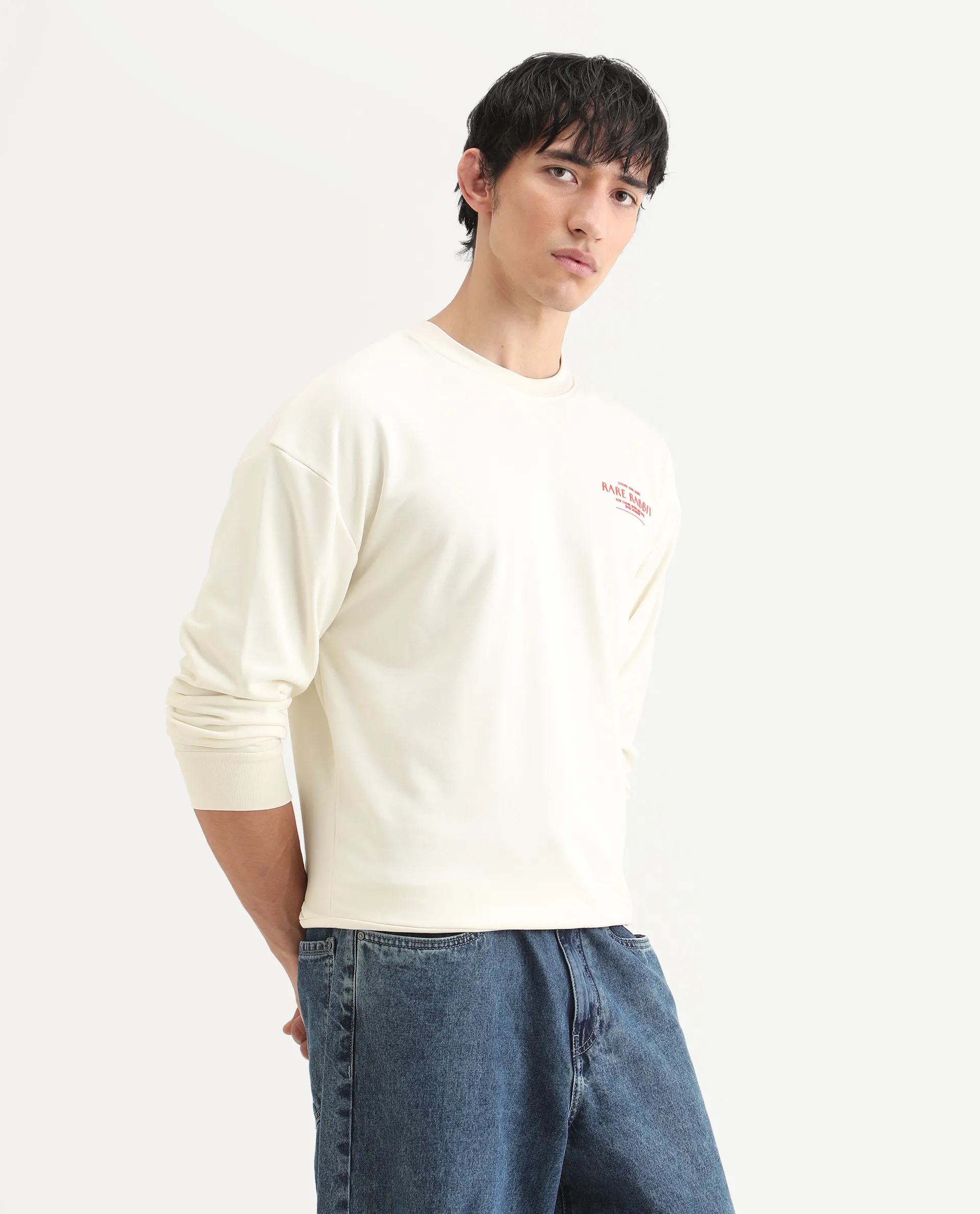 Rare Rabbit Men's Ore Off White Cotton Blend Typography Print Boxy Fit Full Sleeve High Neck Sweatshirt - Image 6