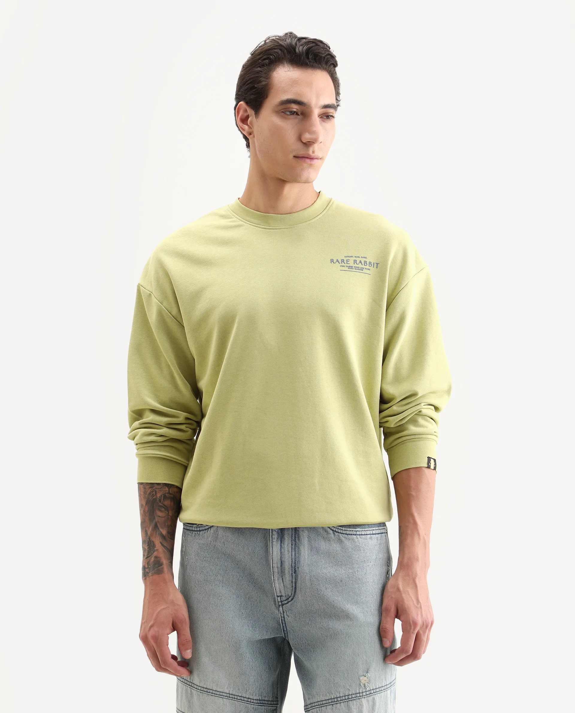 Rare Rabbit Men's Ore Pastel Green Cotton Typography Print Boxy Fit Full Sleeve Crew Neck Sweatshirt - Image 3