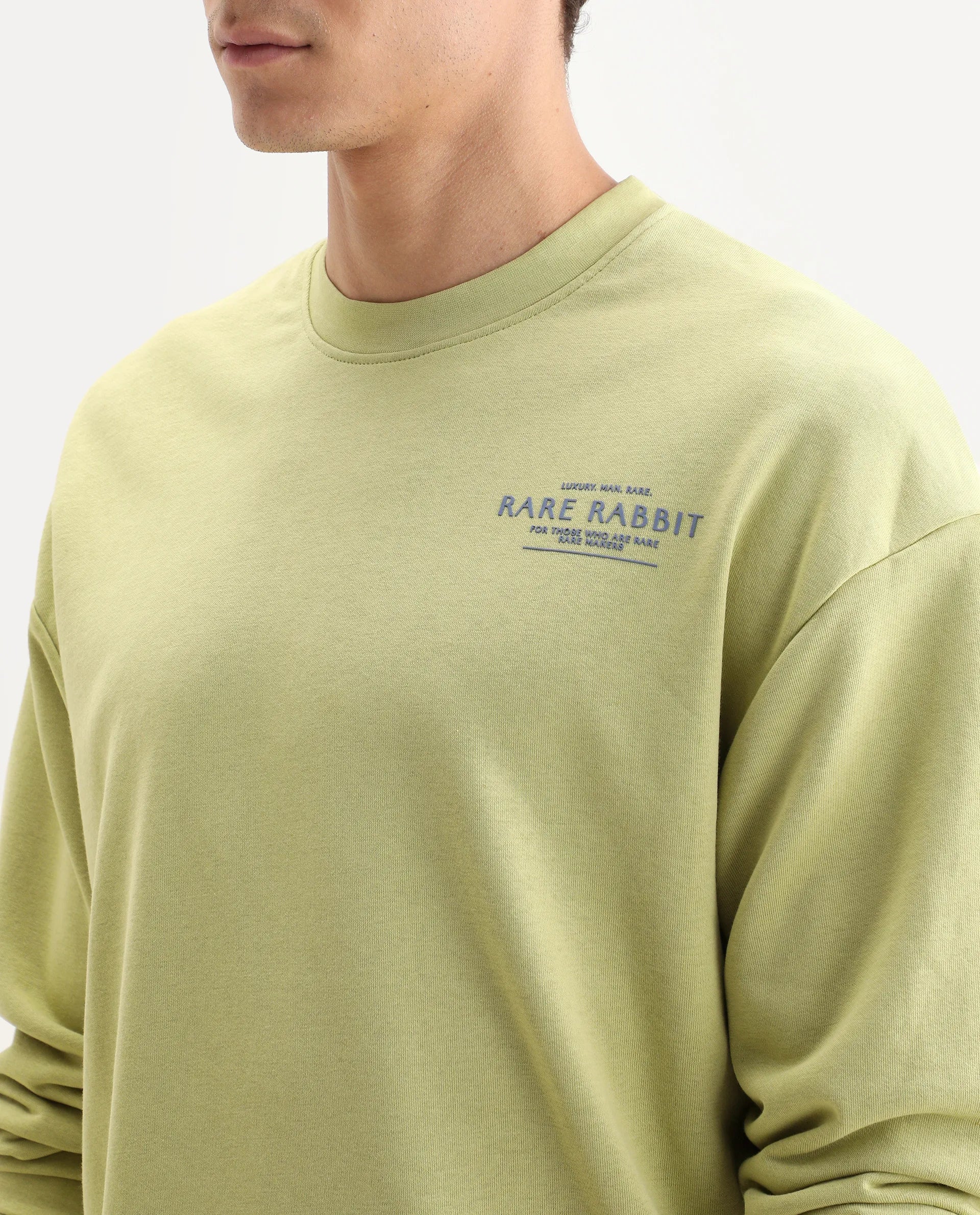 Rare Rabbit Men's Ore Pastel Green Cotton Typography Print Boxy Fit Full Sleeve Crew Neck Sweatshirt - Image 4