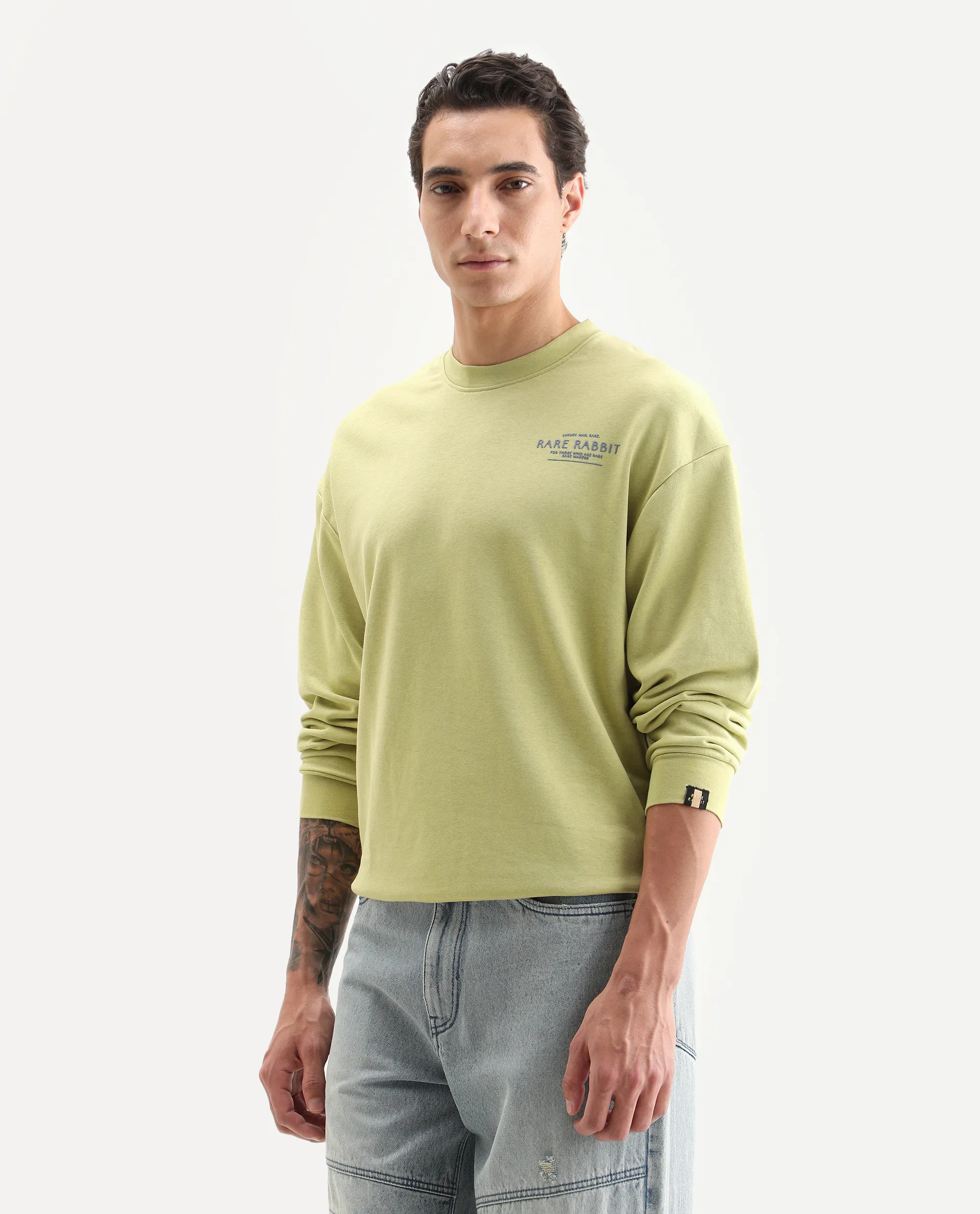Rare Rabbit Men's Ore Pastel Green Cotton Typography Print Boxy Fit Full Sleeve Crew Neck Sweatshirt - Image 5