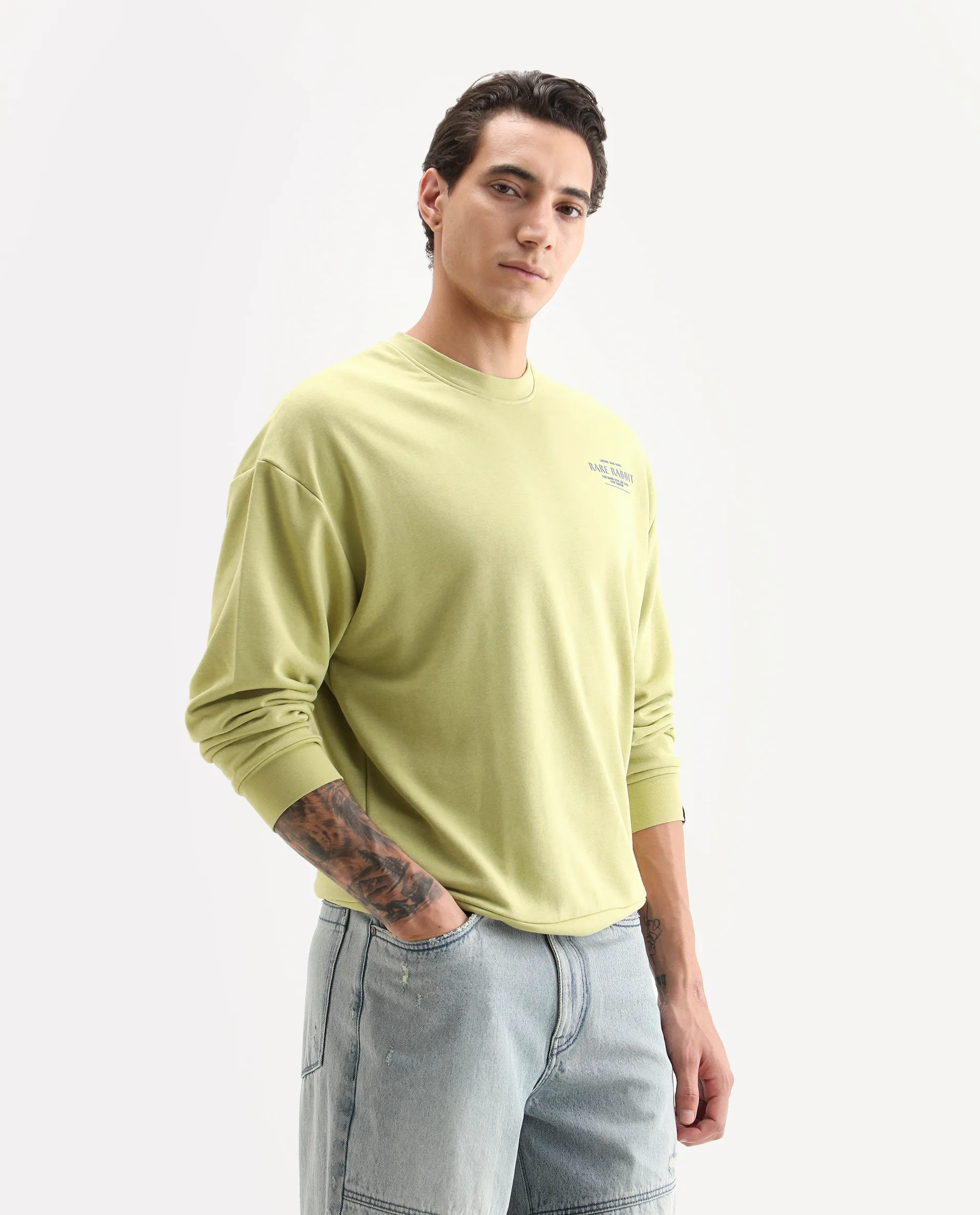 Rare Rabbit Men's Ore Pastel Green Cotton Typography Print Boxy Fit Full Sleeve Crew Neck Sweatshirt - Image 6