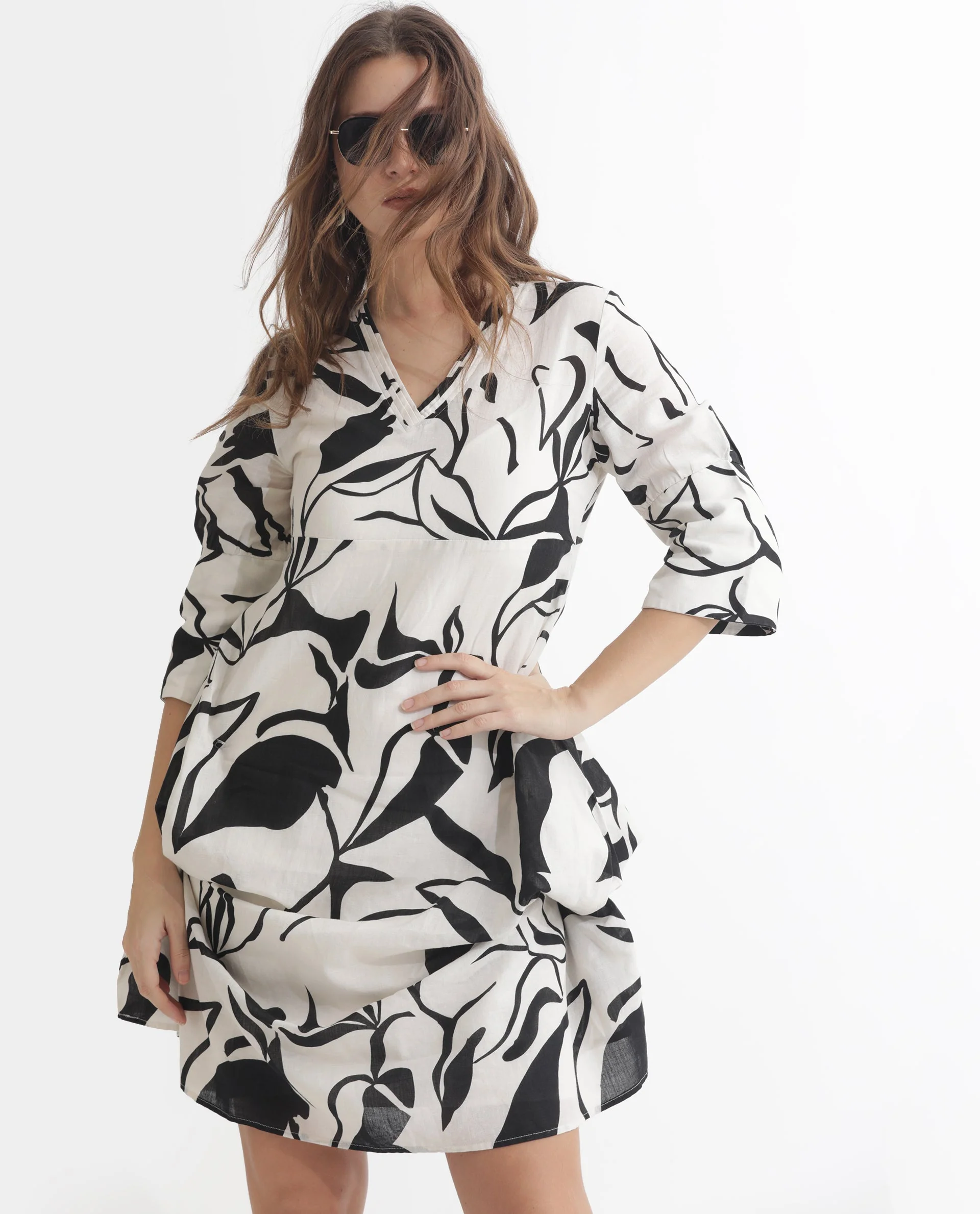 Rareism Women's Oreink Off White Cotton Blend V-Neck Abstract Print Midi Regular Fit Dress