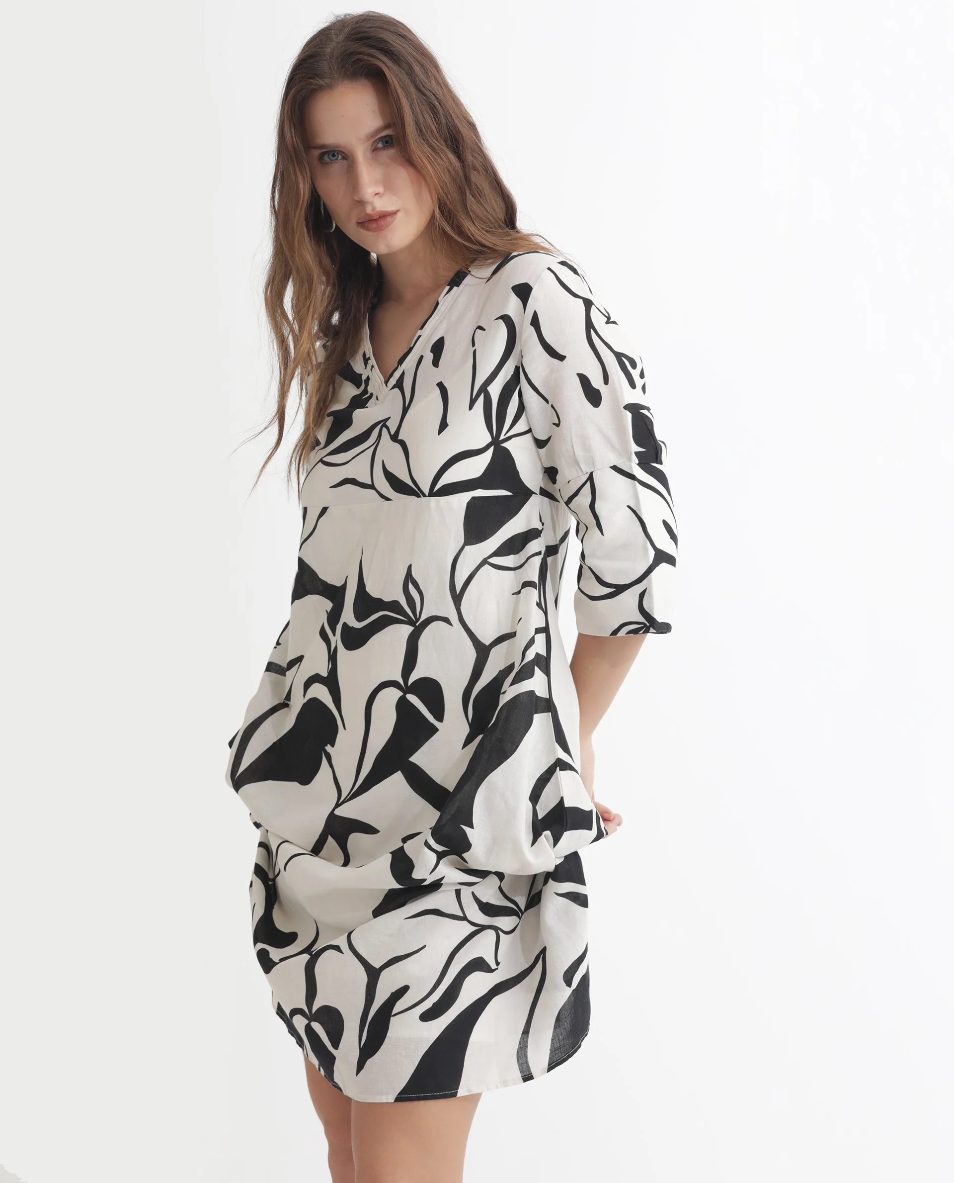 Rareism Women's Oreink Off White Cotton Blend V-Neck Abstract Print Midi Regular Fit Dress - Image 5
