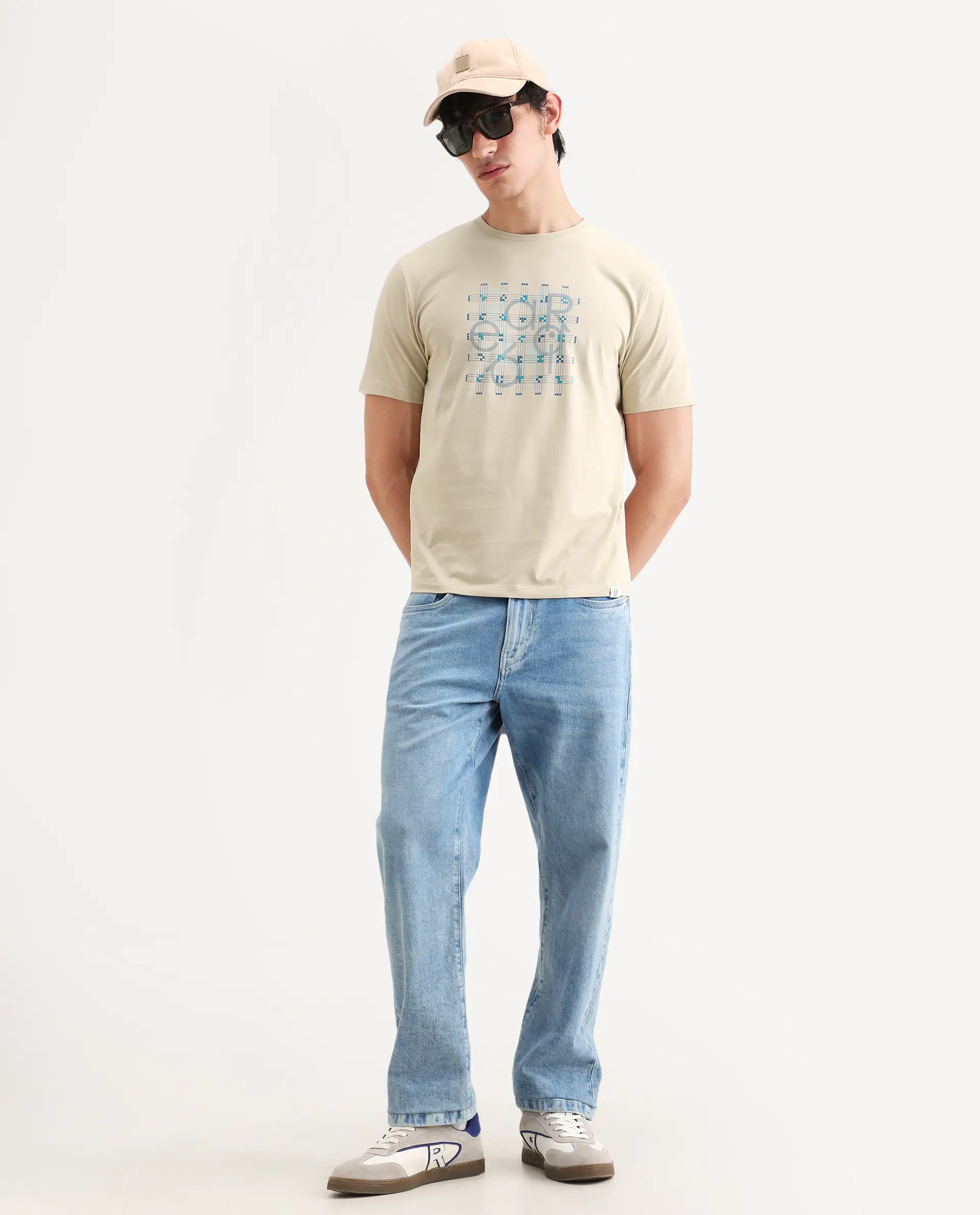 Rare Rabbit Men's Orem Light Beige Cotton Blend Fabric Half Sleeve Crew Neck Regular Fit Graphic Print T-Shirt - Image 2