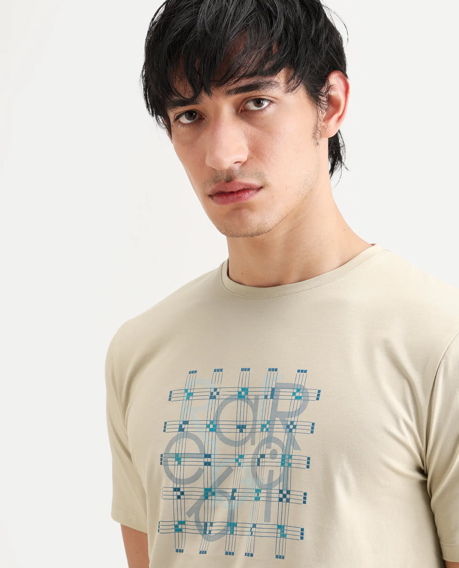 Rare Rabbit Men's Orem Light Beige Cotton Blend Fabric Half Sleeve Crew Neck Regular Fit Graphic Print T-Shirt - Image 3