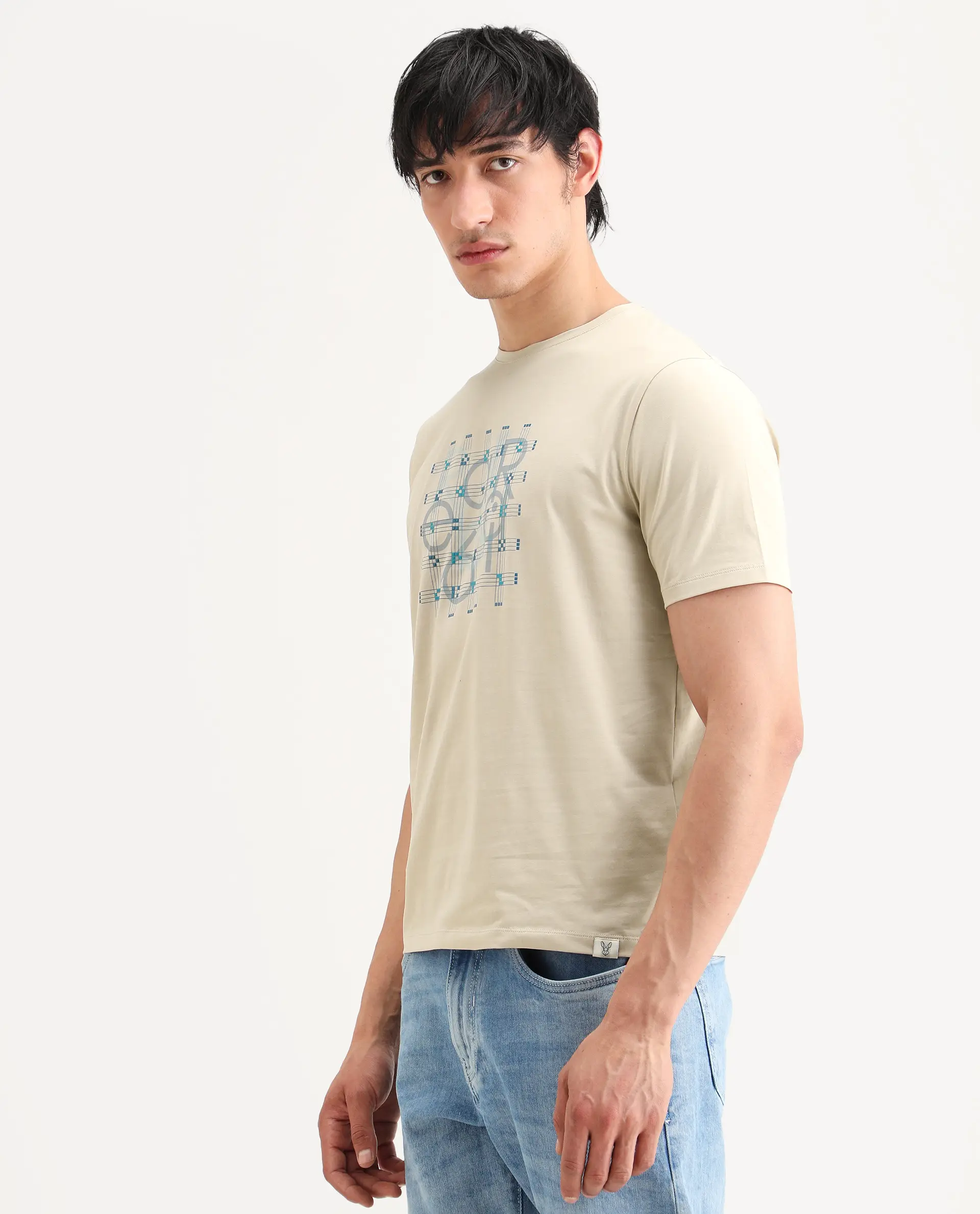 Rare Rabbit Men's Orem Light Beige Cotton Blend Fabric Half Sleeve Crew Neck Regular Fit Graphic Print T-Shirt - Image 4