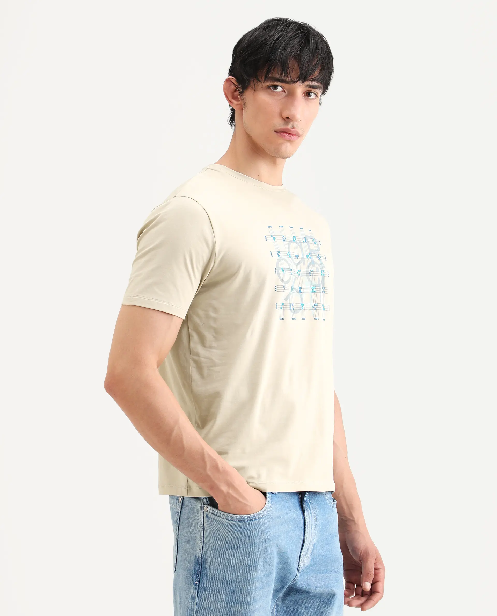 Rare Rabbit Men's Orem Light Beige Cotton Blend Fabric Half Sleeve Crew Neck Regular Fit Graphic Print T-Shirt - Image 5
