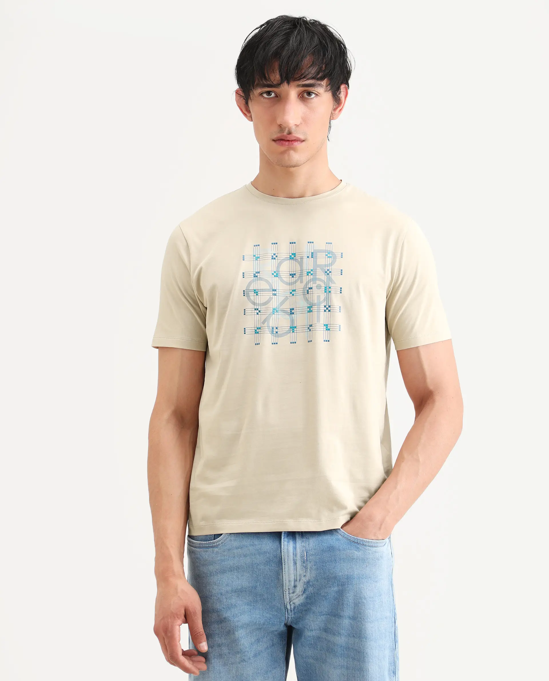 Rare Rabbit Men's Orem Light Beige Cotton Blend Fabric Half Sleeve Crew Neck Regular Fit Graphic Print T-Shirt - Image 6