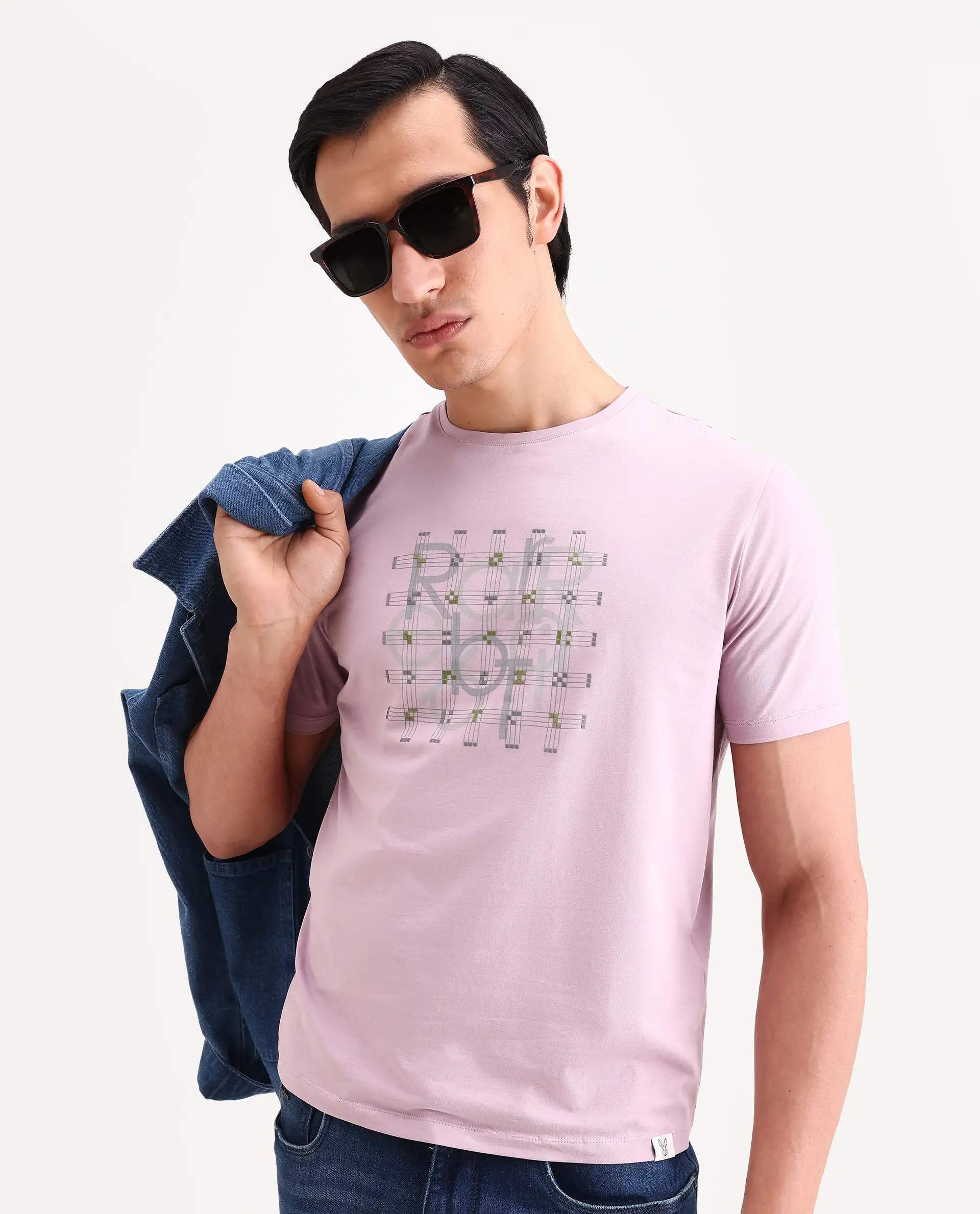 Rare Rabbit Men's Orem Pastel Pink Cotton Blend Fabric Half Sleeve Crew Neck Regular Fit Graphic Print T-Shirt