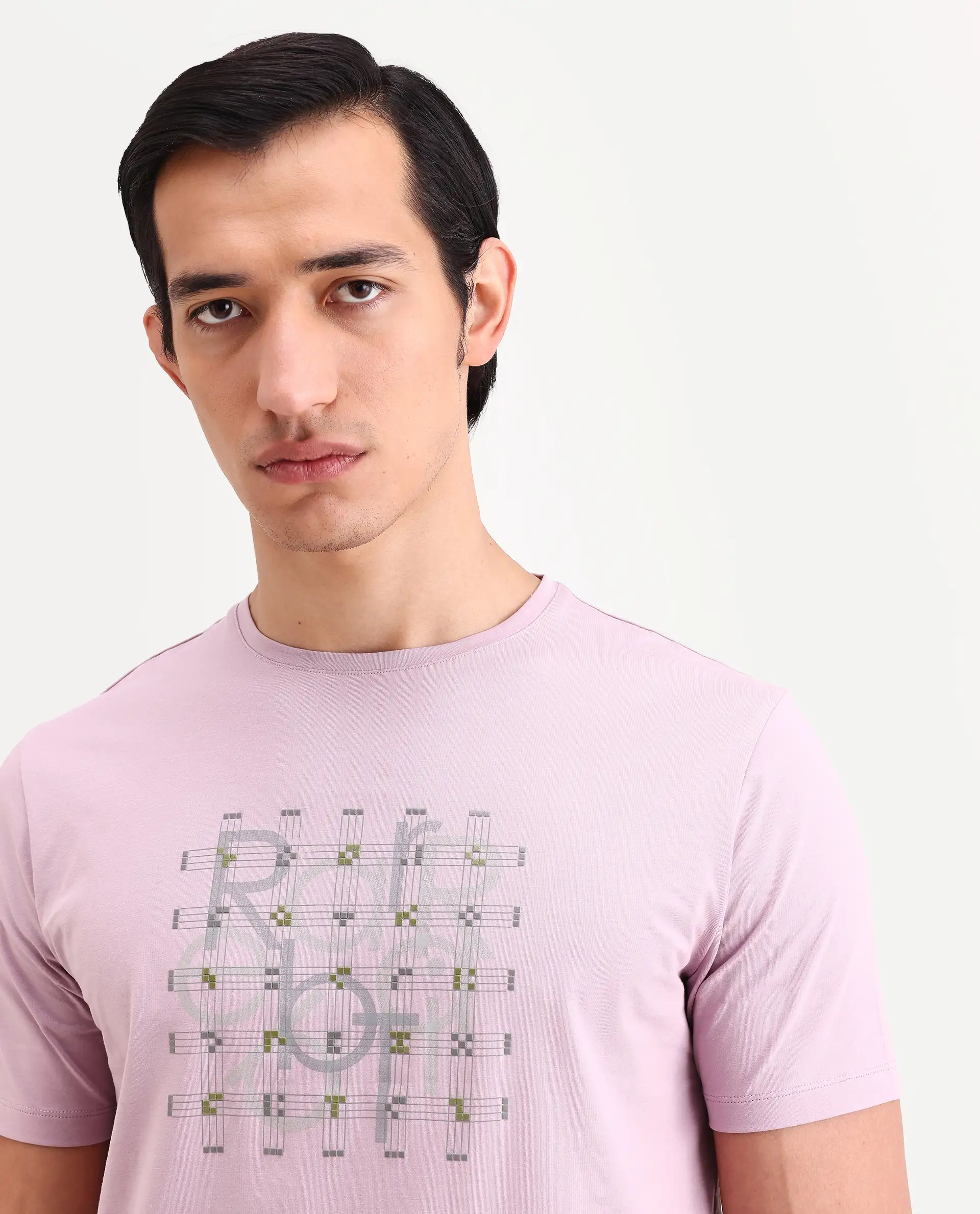 Rare Rabbit Men's Orem Pastel Pink Cotton Blend Fabric Half Sleeve Crew Neck Regular Fit Graphic Print T-Shirt - Image 3