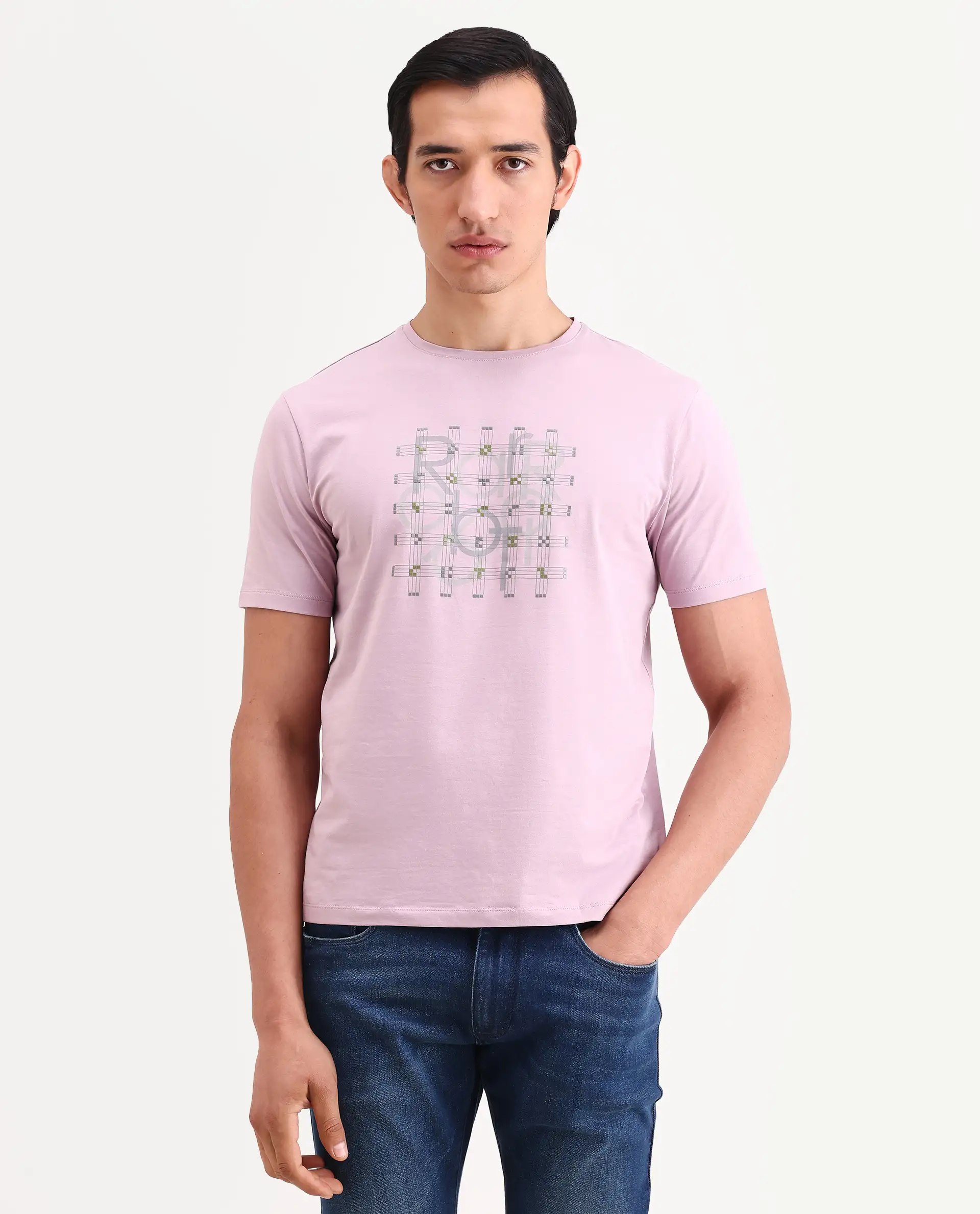 Rare Rabbit Men's Orem Pastel Pink Cotton Blend Fabric Half Sleeve Crew Neck Regular Fit Graphic Print T-Shirt - Image 4