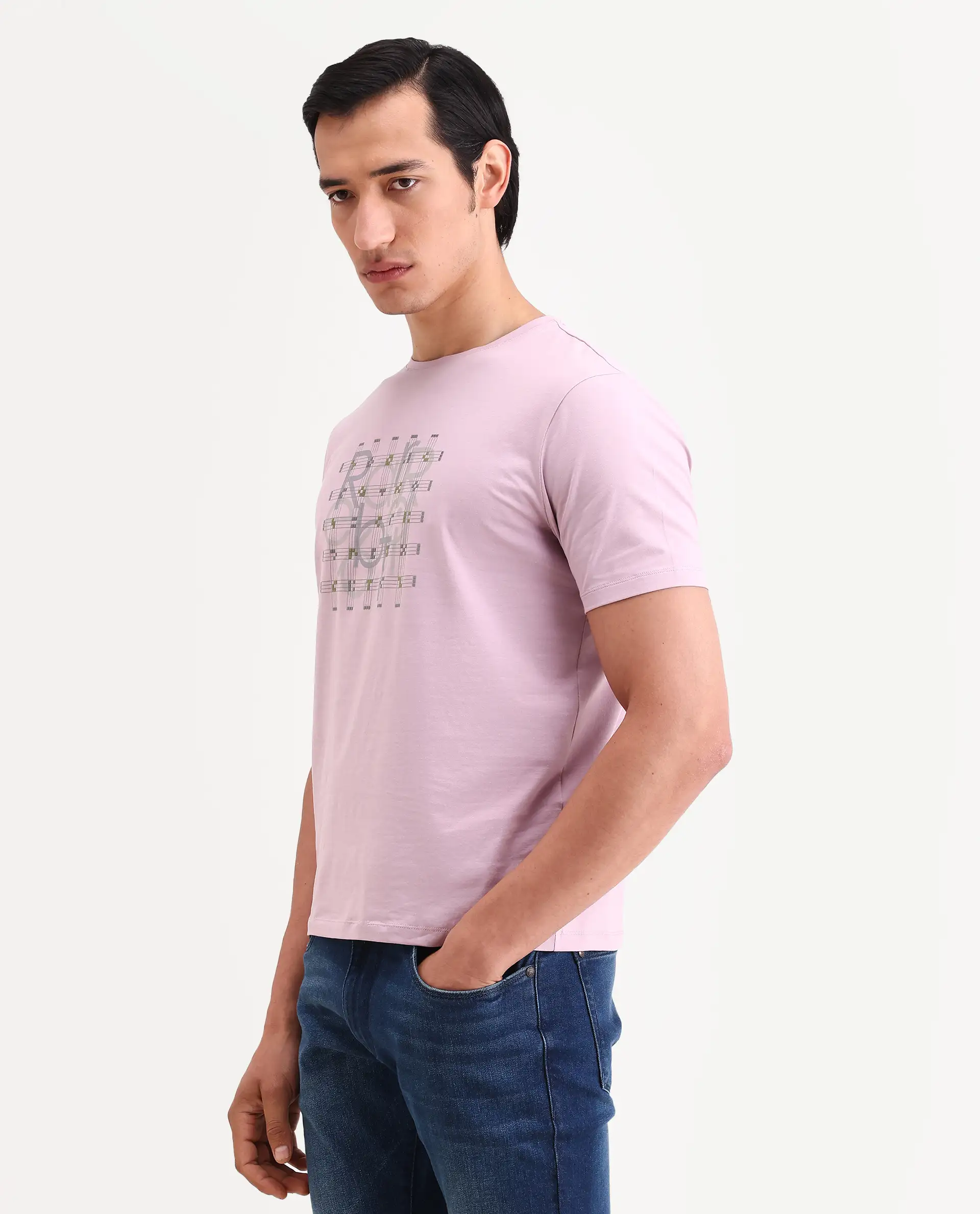 Rare Rabbit Men's Orem Pastel Pink Cotton Blend Fabric Half Sleeve Crew Neck Regular Fit Graphic Print T-Shirt - Image 5