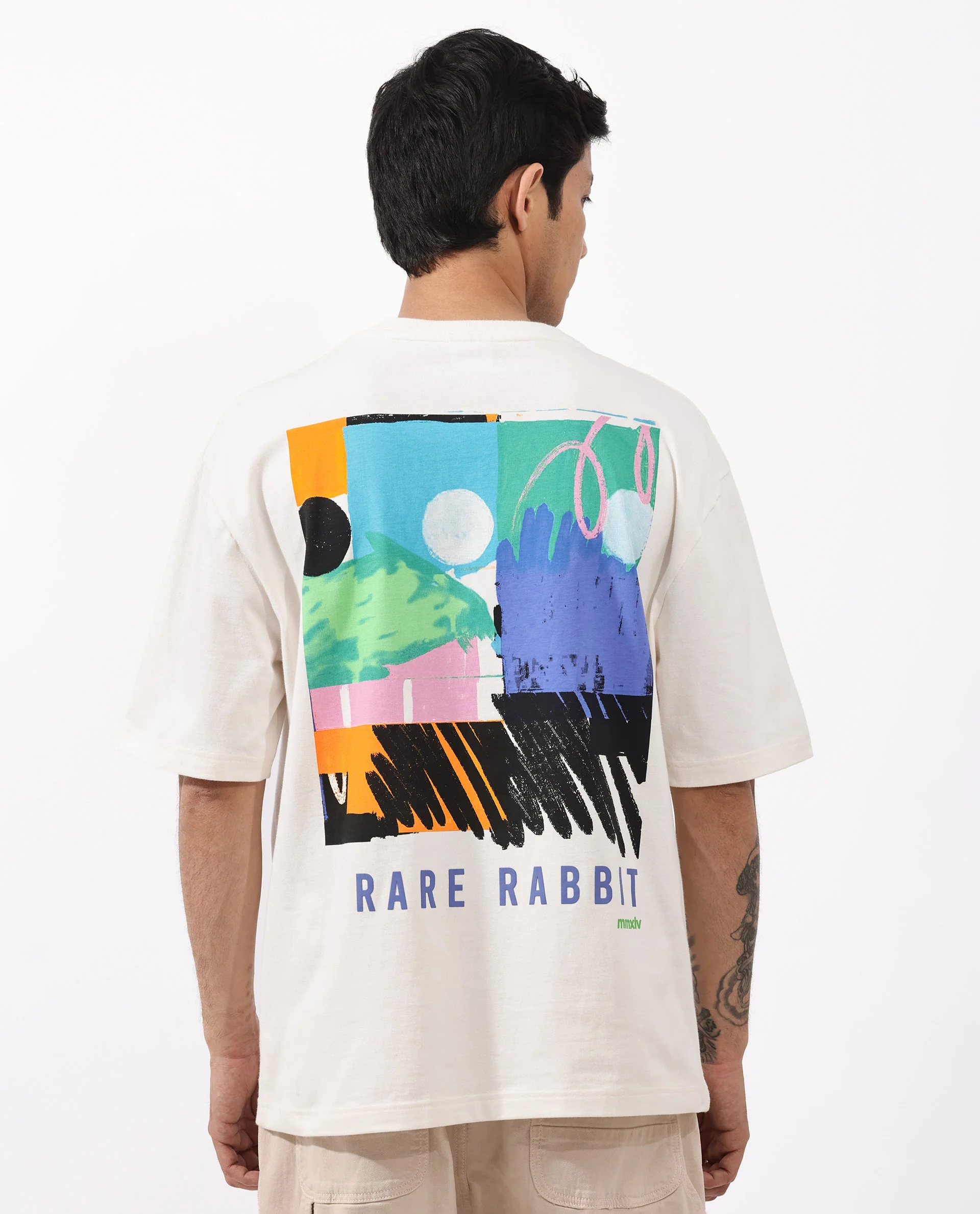 Rare Rabbit Articale Men's Oren Off White Cotton Polyester Fabric Crew Neck Oversized Fit Graphic Print T-Shirt - Image 3