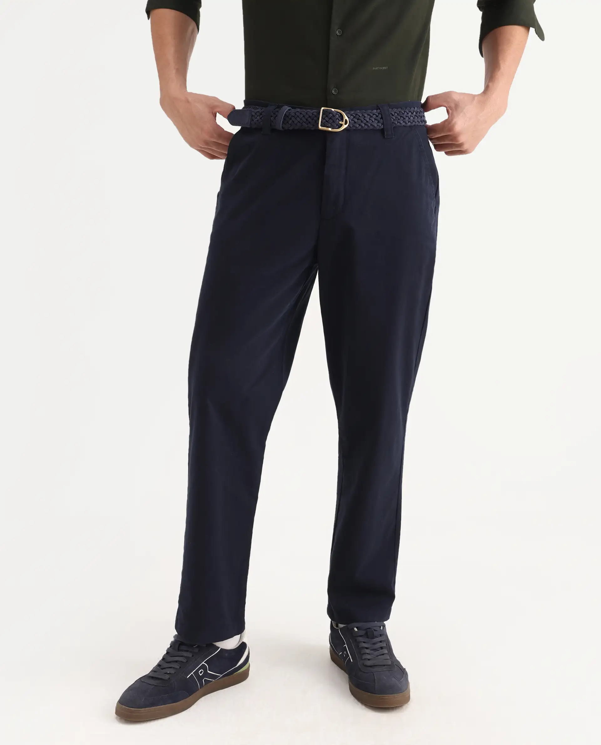 Rare Rabbit Men's Oren Navy Cotton Plain Straight Fit Trouser - Image 2
