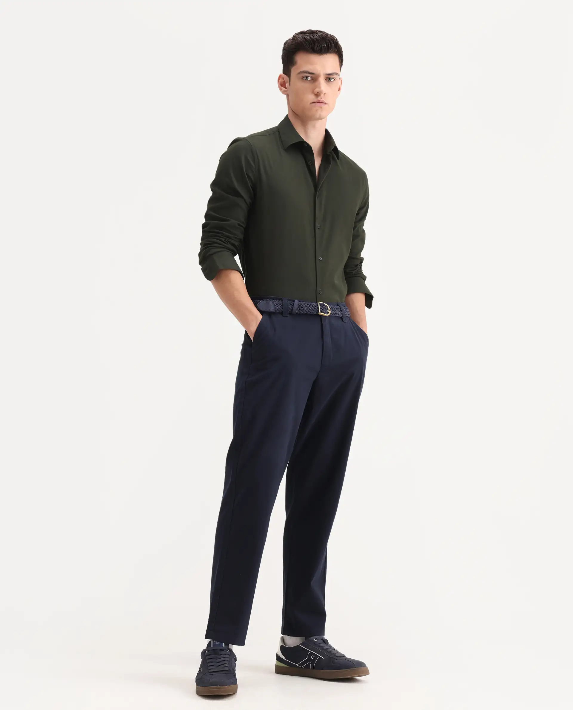 Rare Rabbit Men's Oren Navy Cotton Plain Straight Fit Trouser - Image 6