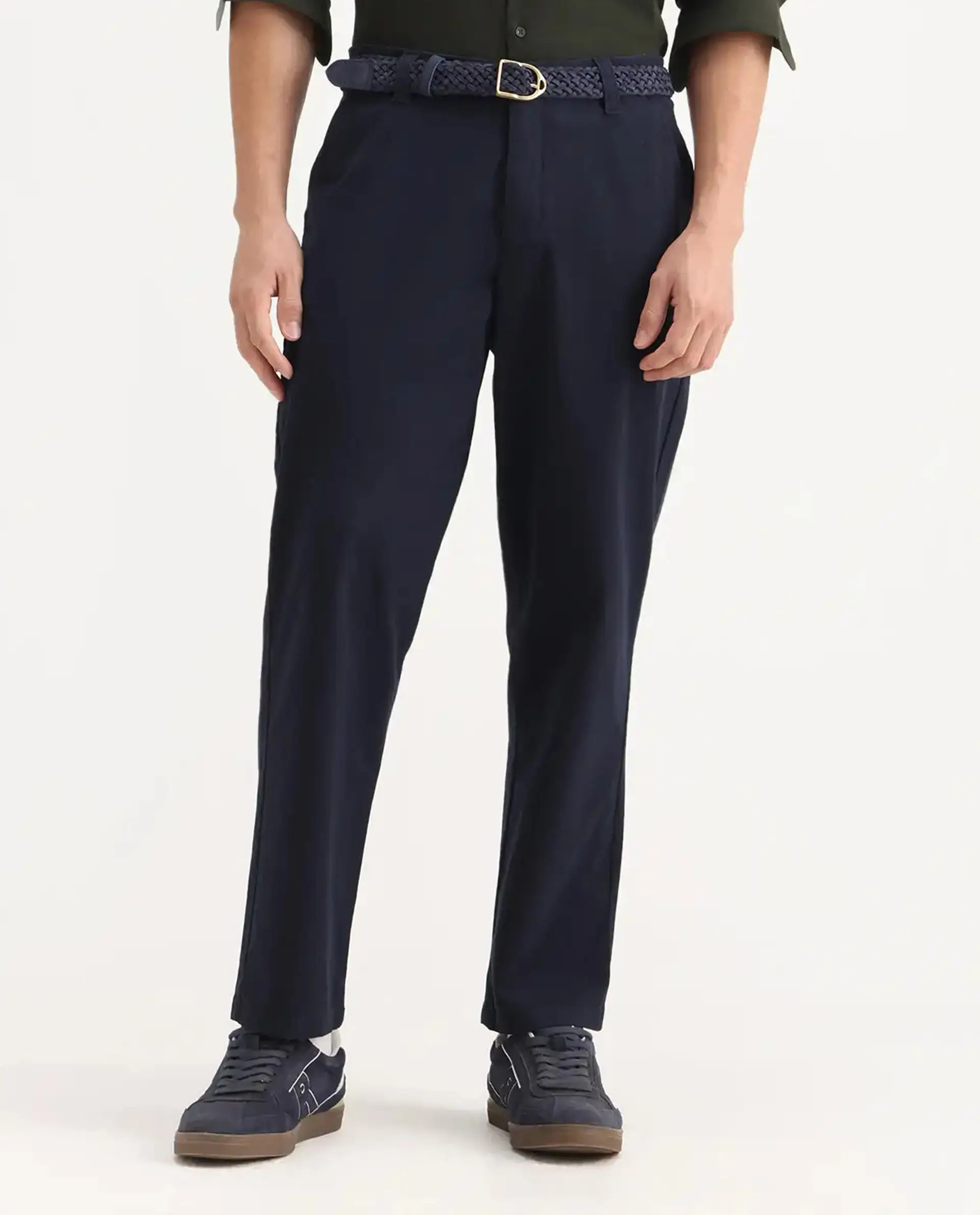 Rare Rabbit Men's Oren Navy Cotton Plain Straight Fit Trouser - Image 9