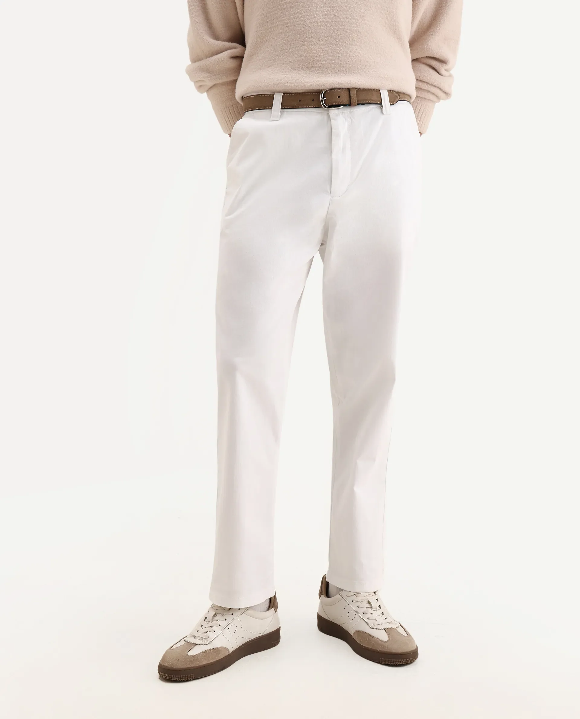 Rare Rabbit Men's Oren White Cotton Plain Straight Fit Trouser - Image 2