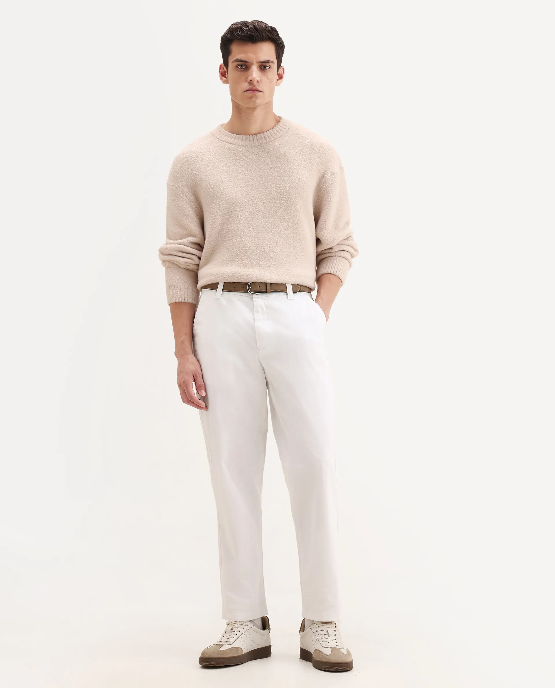 Rare Rabbit Men's Oren White Cotton Plain Straight Fit Trouser - Image 4
