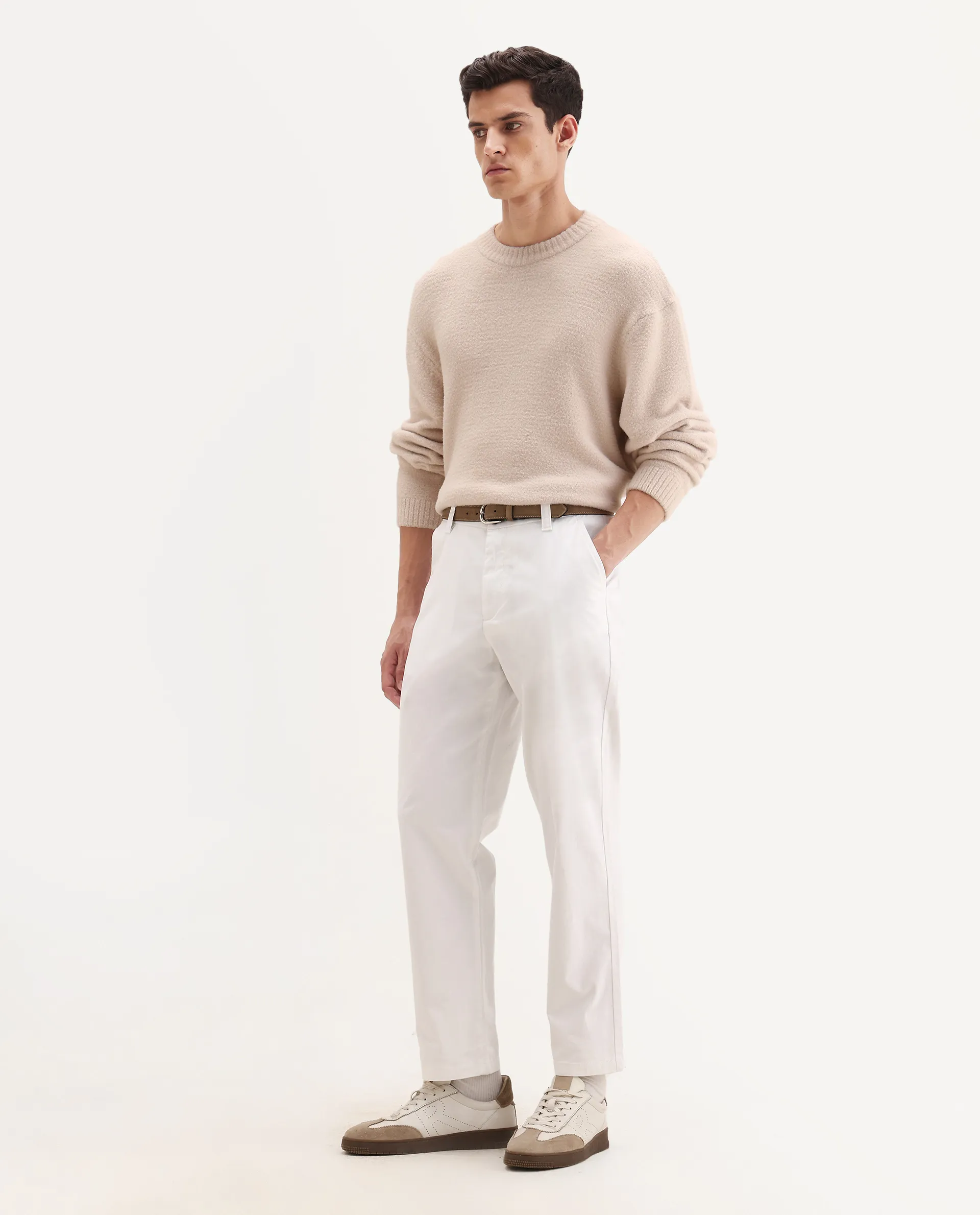 Rare Rabbit Men's Oren White Cotton Plain Straight Fit Trouser - Image 5