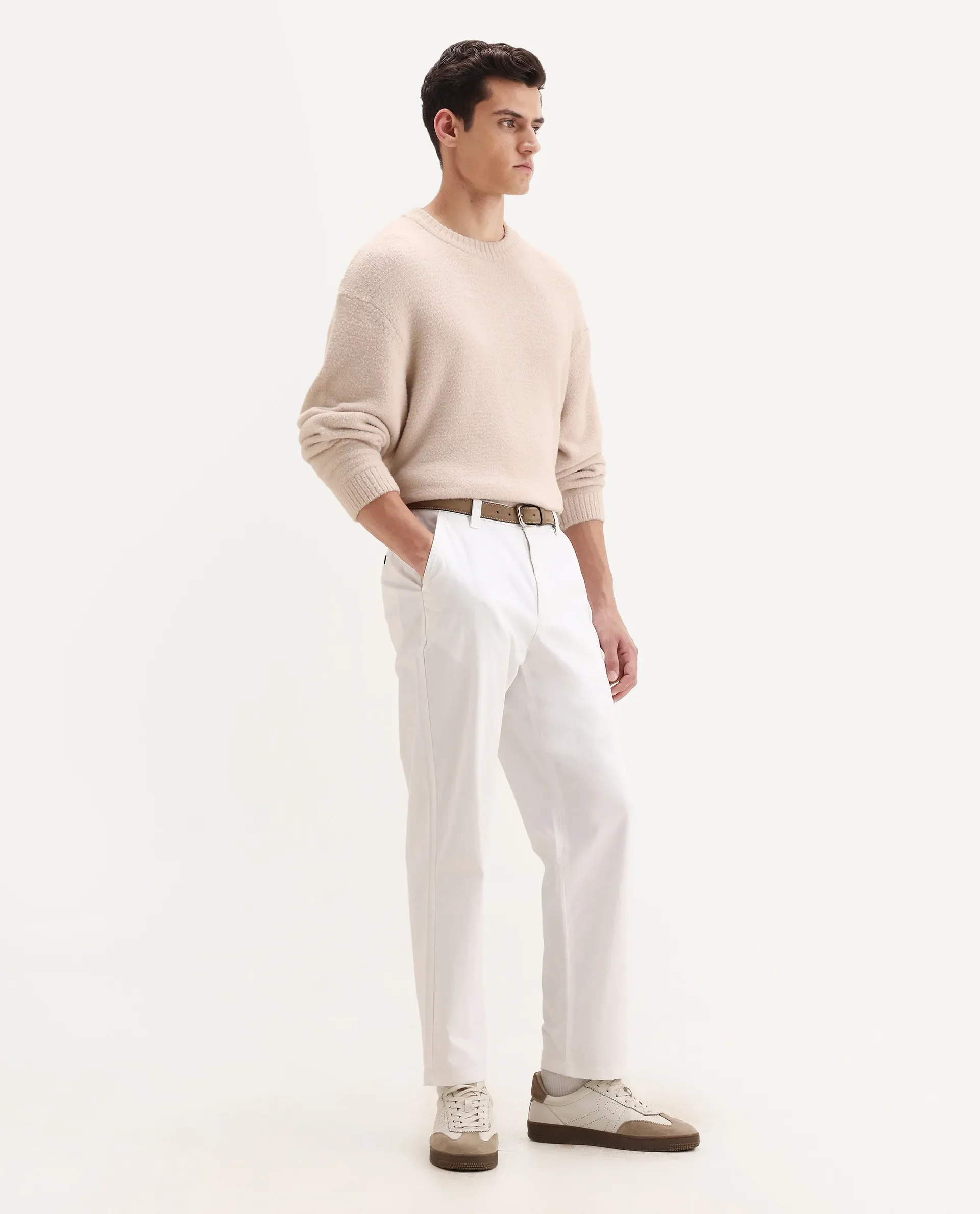 Rare Rabbit Men's Oren White Cotton Plain Straight Fit Trouser - Image 6