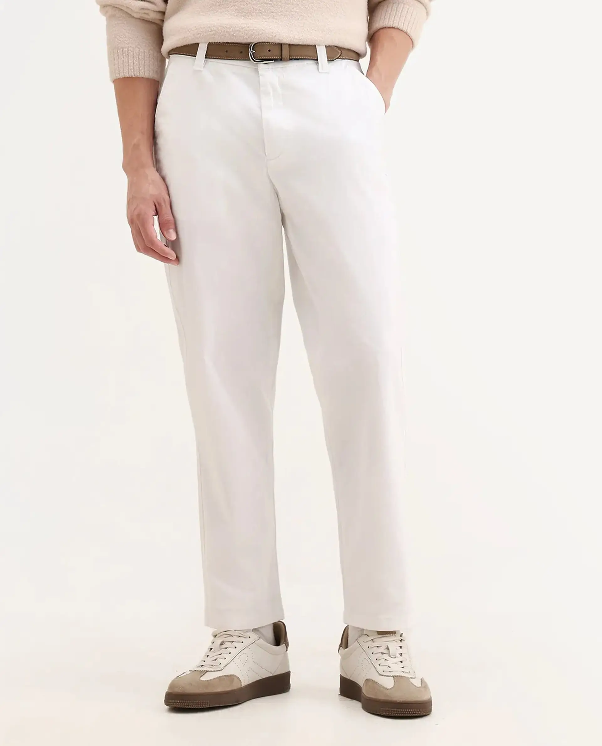Rare Rabbit Men's Oren White Cotton Plain Straight Fit Trouser - Image 9