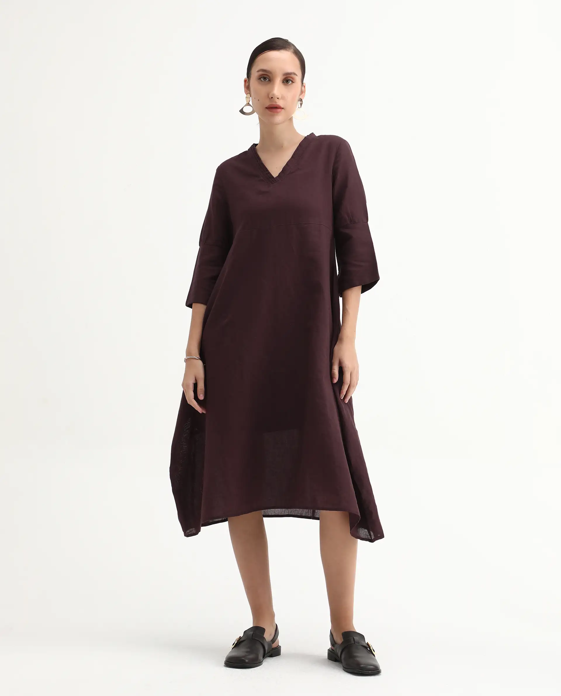 Rareism Women's Orie Brown Linen V-Neck Plain Midi Relaxed Fit Dress - Image 2
