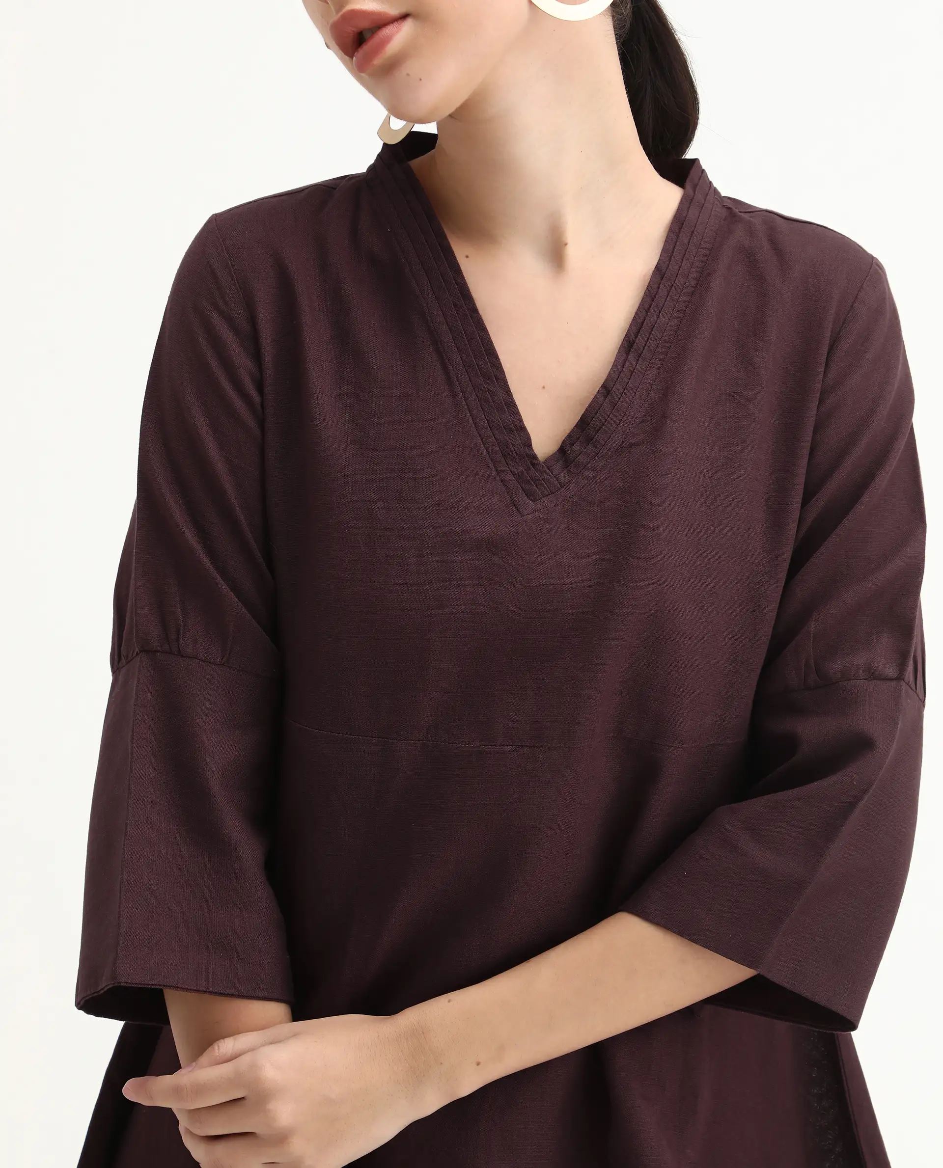 Rareism Women's Orie Brown Linen V-Neck Plain Midi Relaxed Fit Dress - Image 3