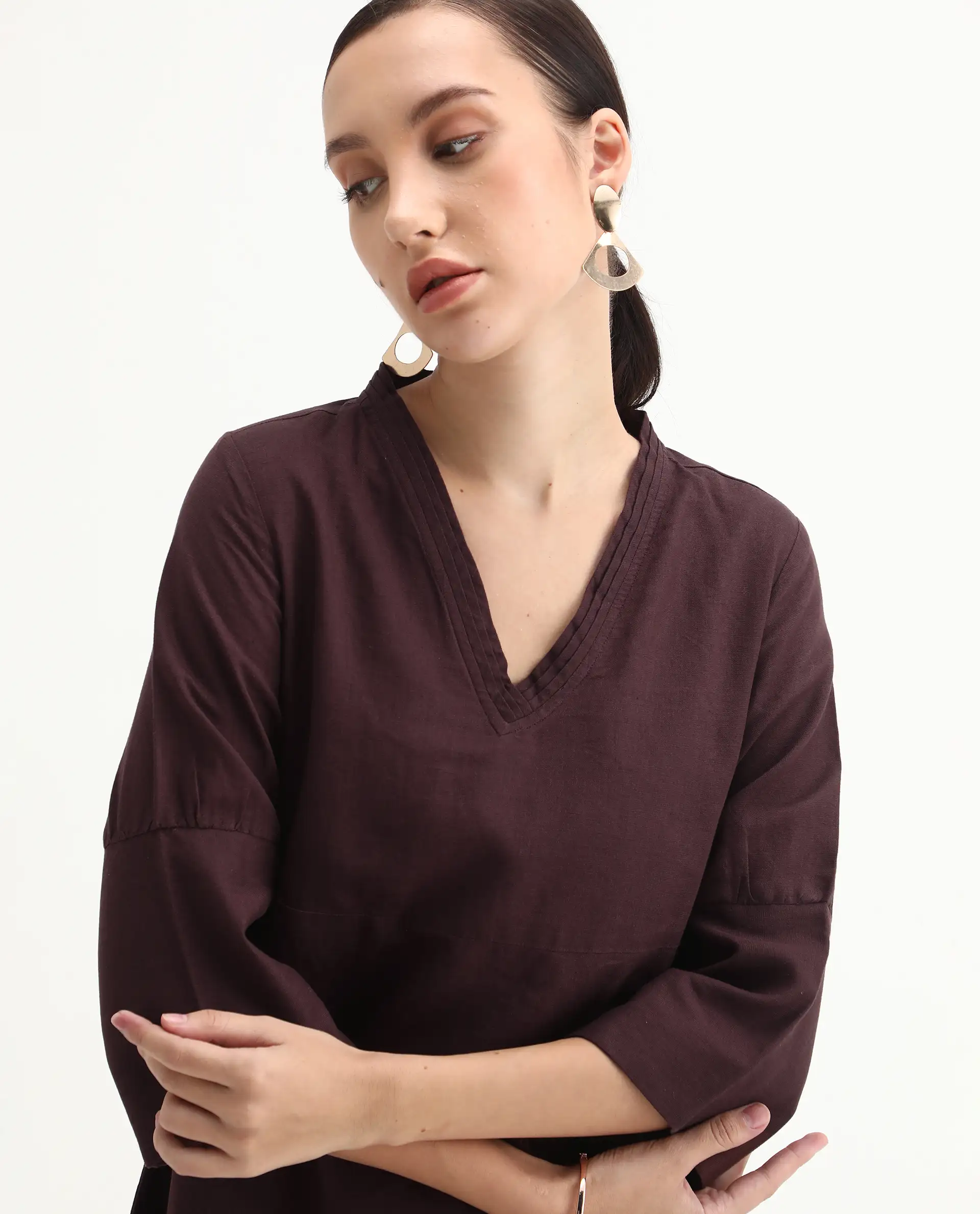 Rareism Women's Orie Brown Linen V-Neck Plain Midi Relaxed Fit Dress - Image 4
