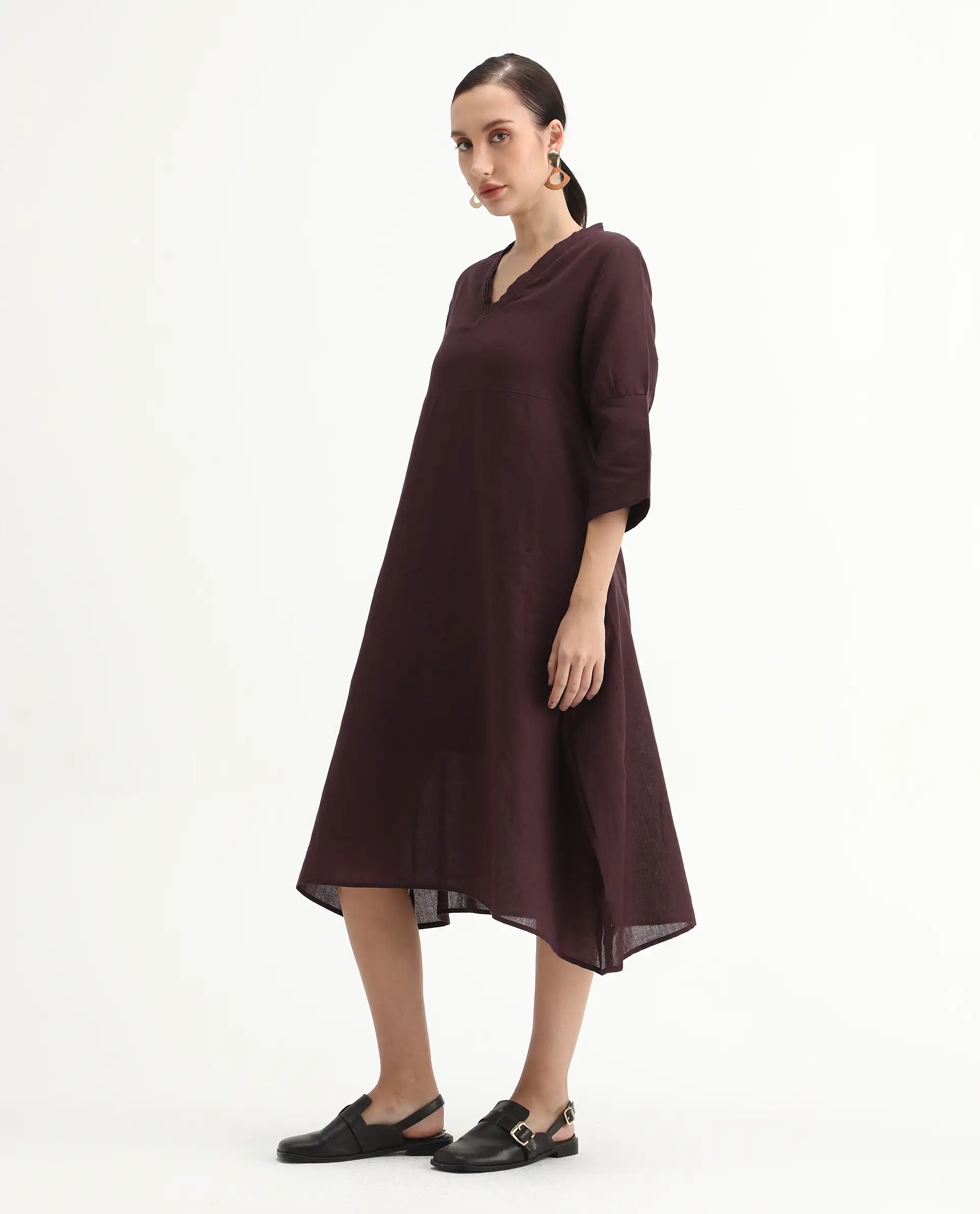 Rareism Women's Orie Brown Linen V-Neck Plain Midi Relaxed Fit Dress - Image 5