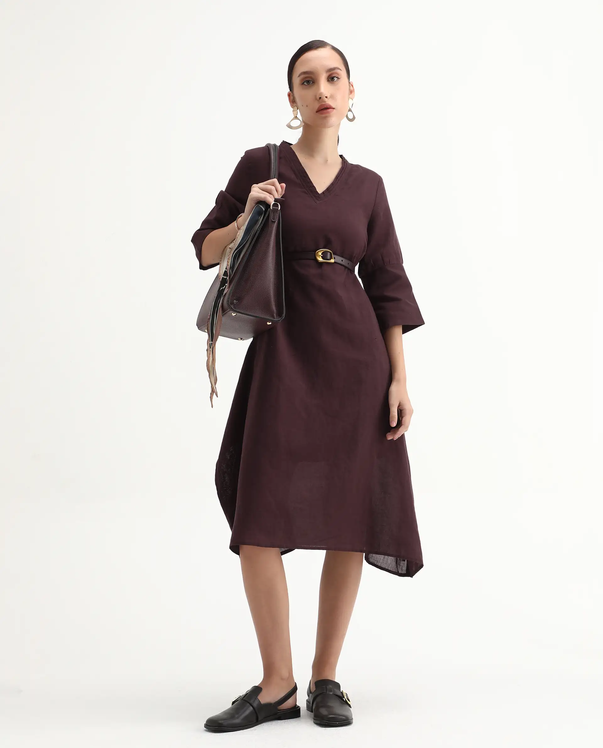 Rareism Women's Orie Brown Linen V-Neck Plain Midi Relaxed Fit Dress - Image 7