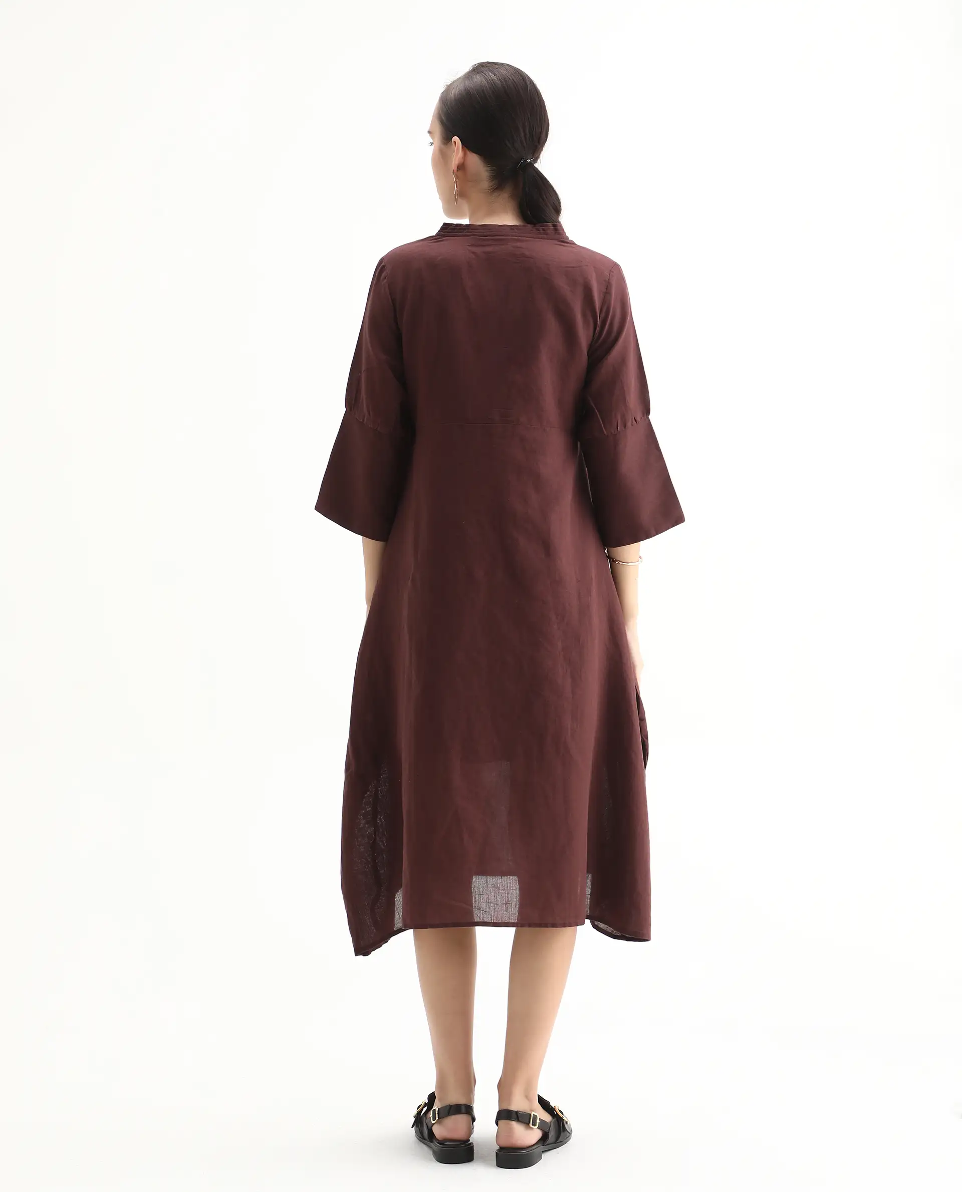 Rareism Women's Orie Brown Linen V-Neck Plain Midi Relaxed Fit Dress - Image 8