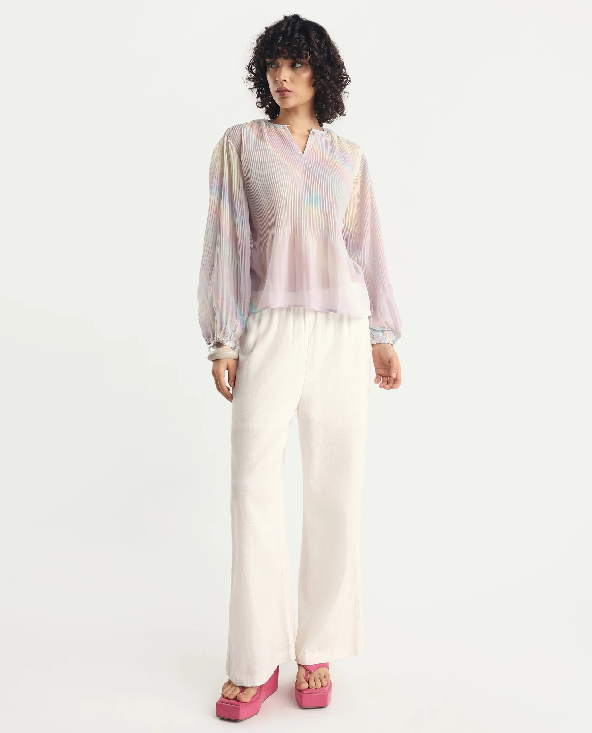 Rareism Women's Orirt Light Multi Polyester Mandarin Collar Ombre Regular Fit Top - Image 2