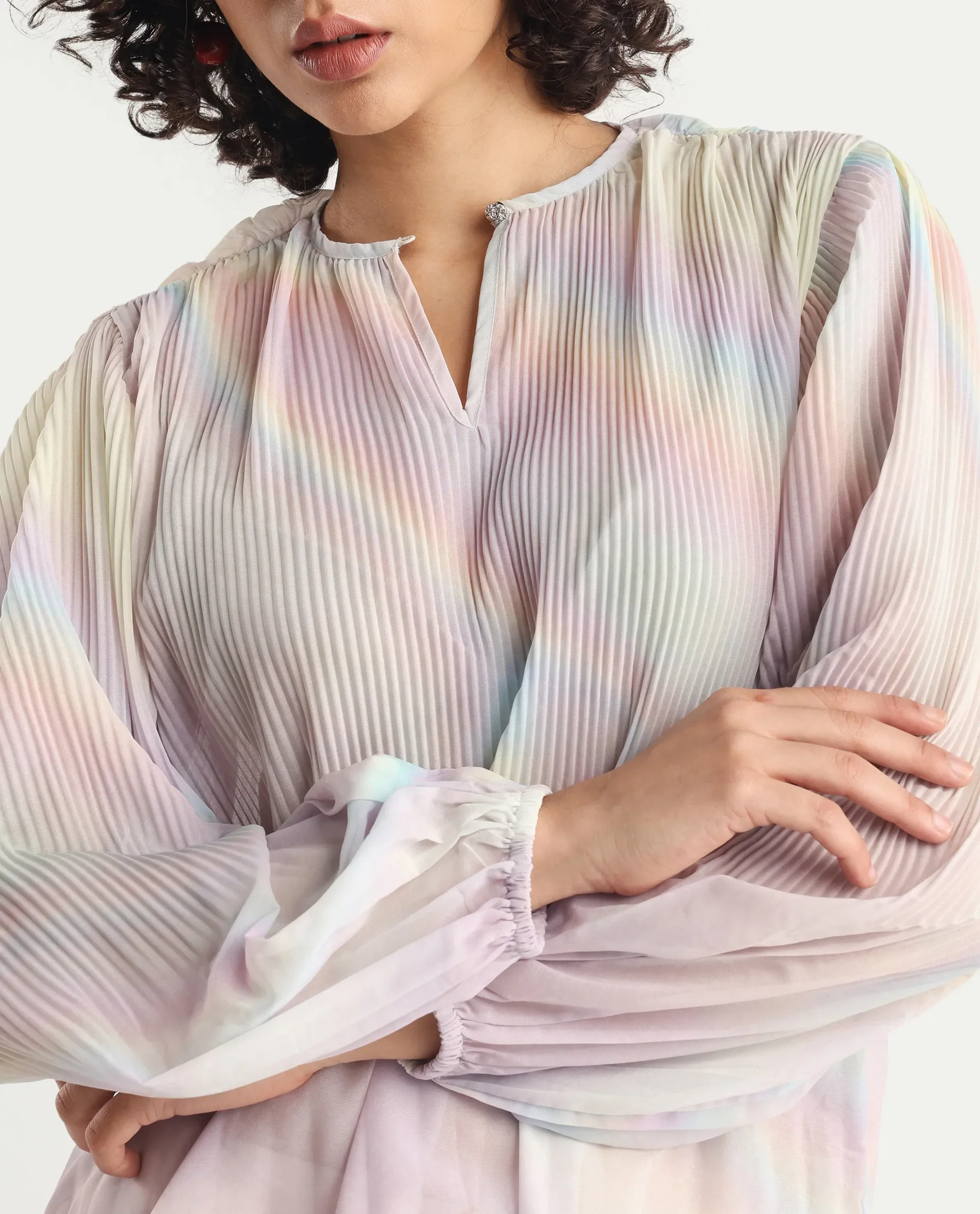 Rareism Women's Orirt Light Multi Polyester Mandarin Collar Ombre Regular Fit Top - Image 3