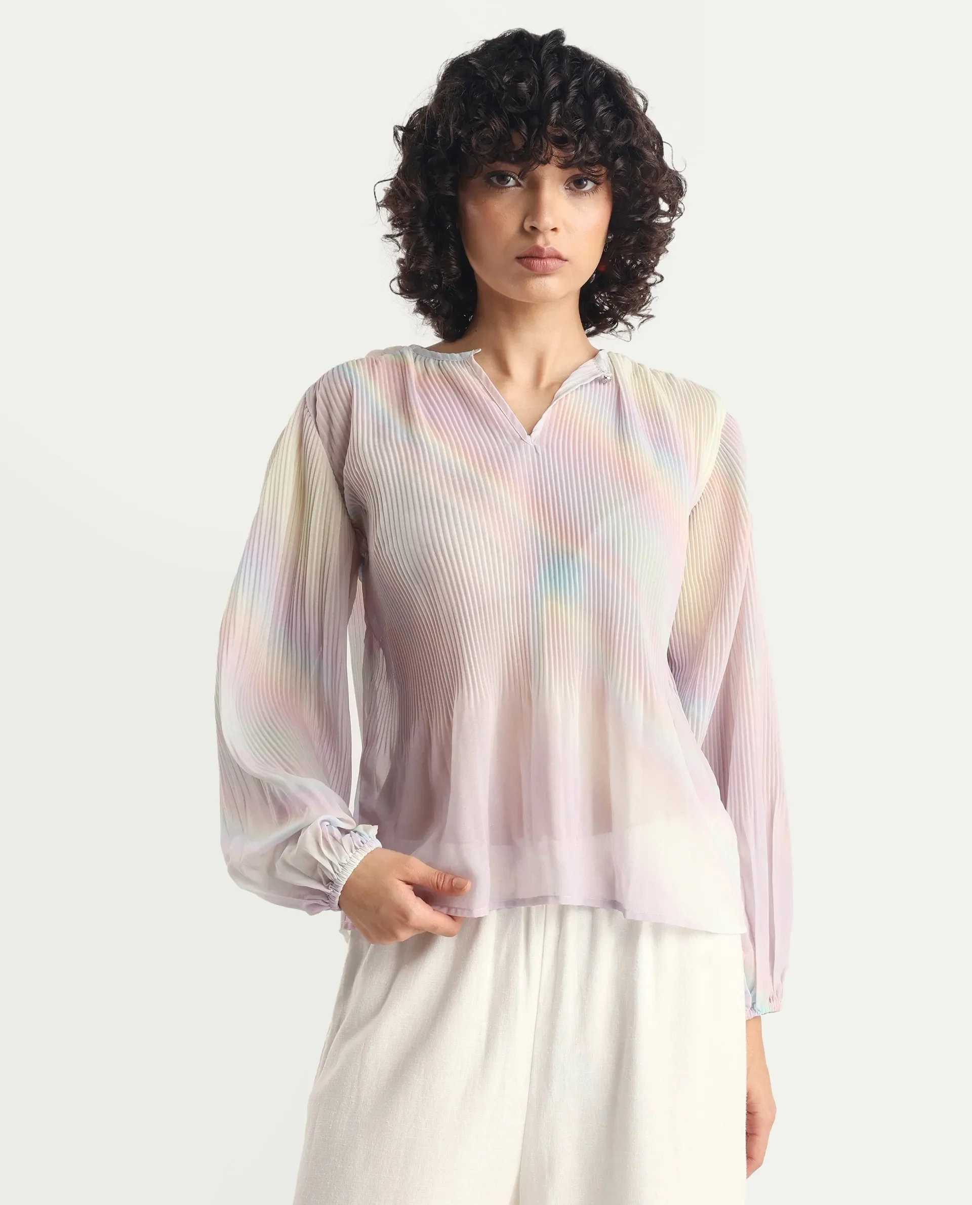 Rareism Women's Orirt Light Multi Polyester Mandarin Collar Ombre Regular Fit Top - Image 4