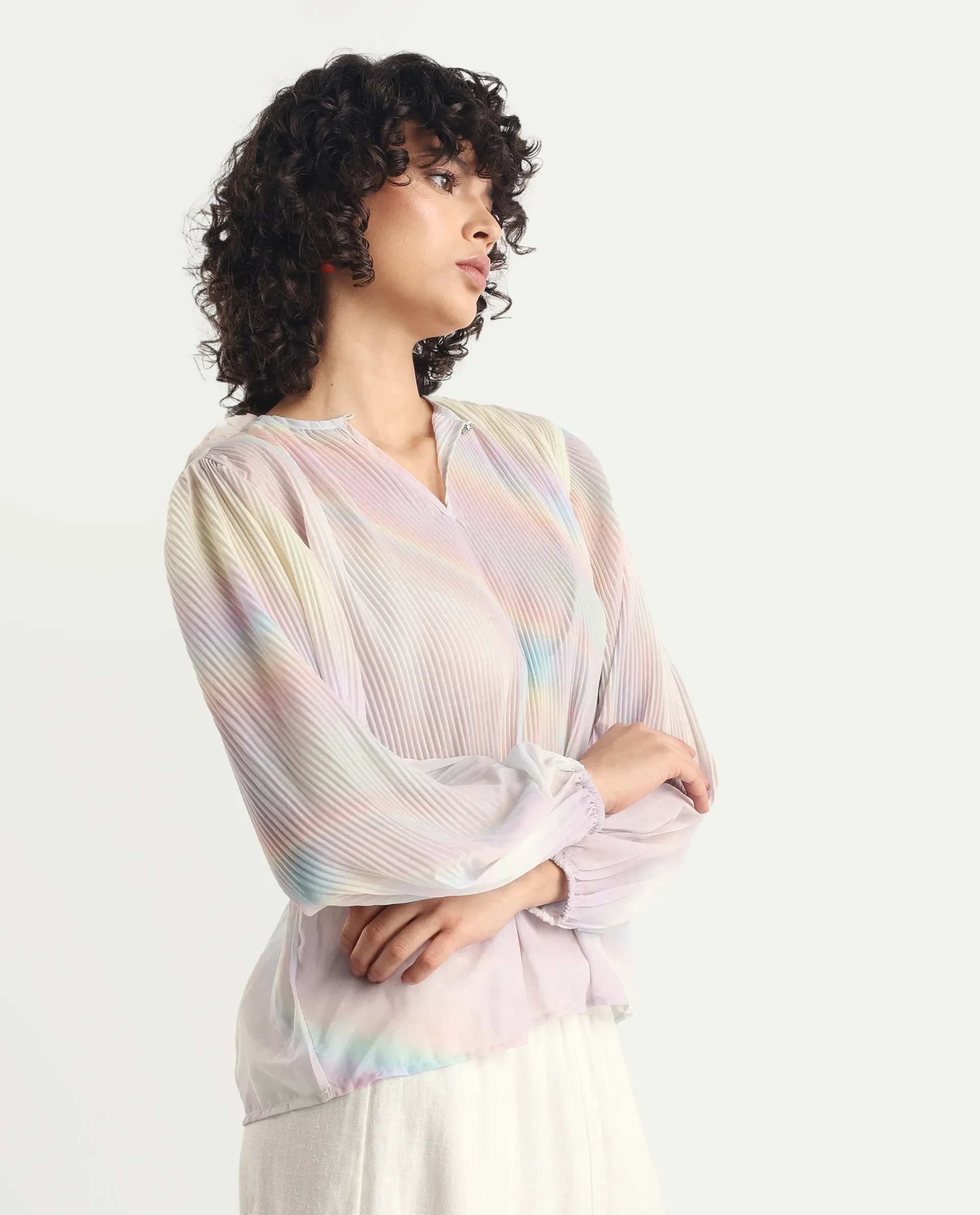 Rareism Women's Orirt Light Multi Polyester Mandarin Collar Ombre Regular Fit Top - Image 5