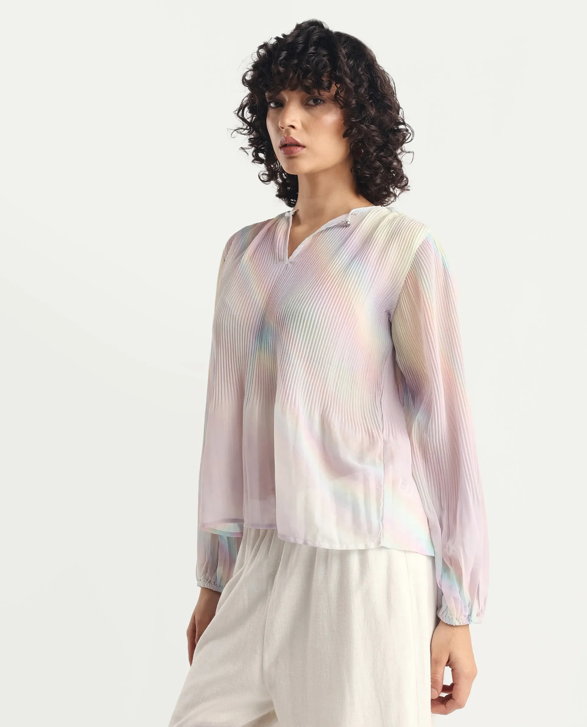 Rareism Women's Orirt Light Multi Polyester Mandarin Collar Ombre Regular Fit Top - Image 6