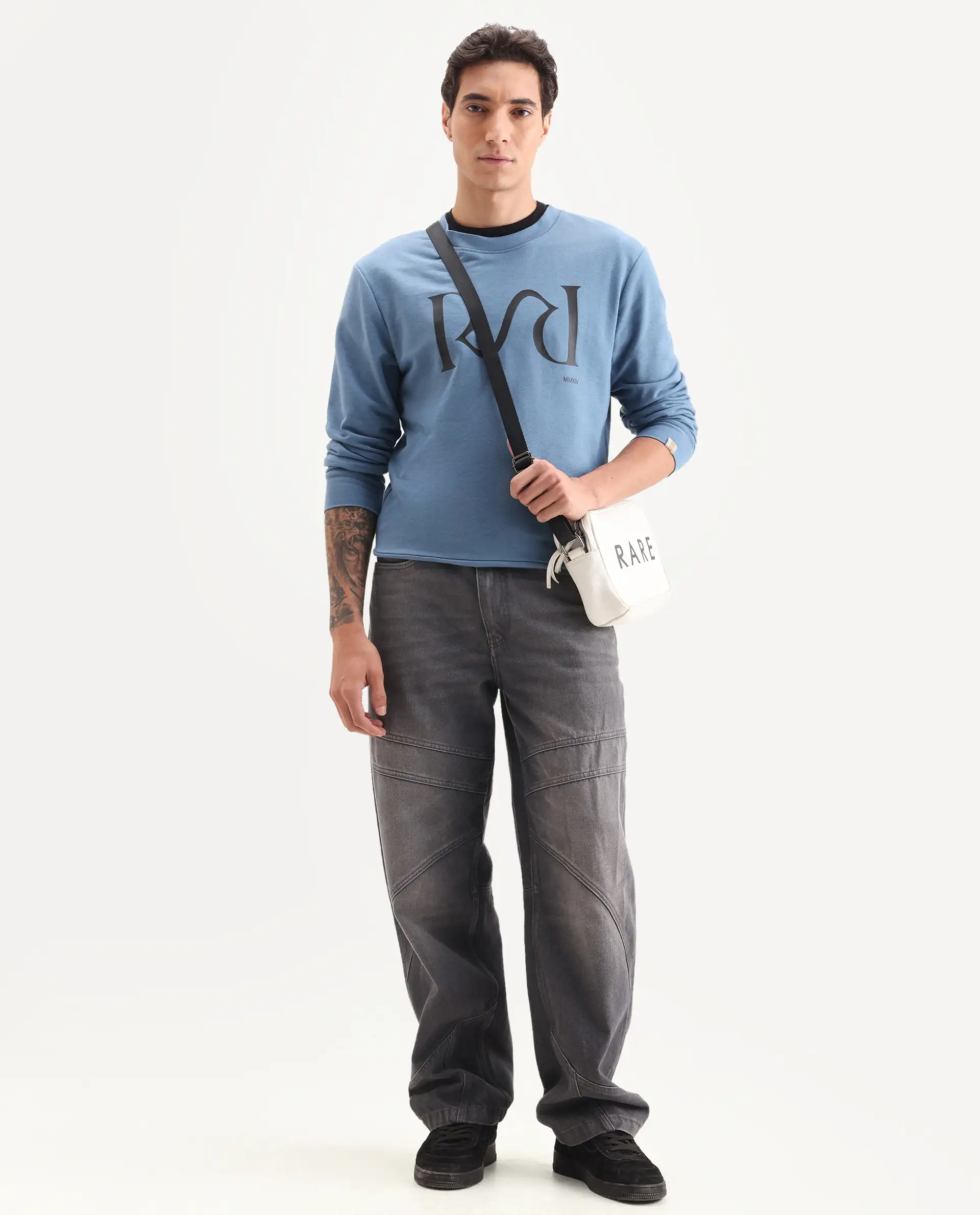 Rare Rabbit Men's Oris Dusky Blue Cotton Graphic Print Regular Fit Full Sleeve Crew Neck Sweatshirt - Image 2