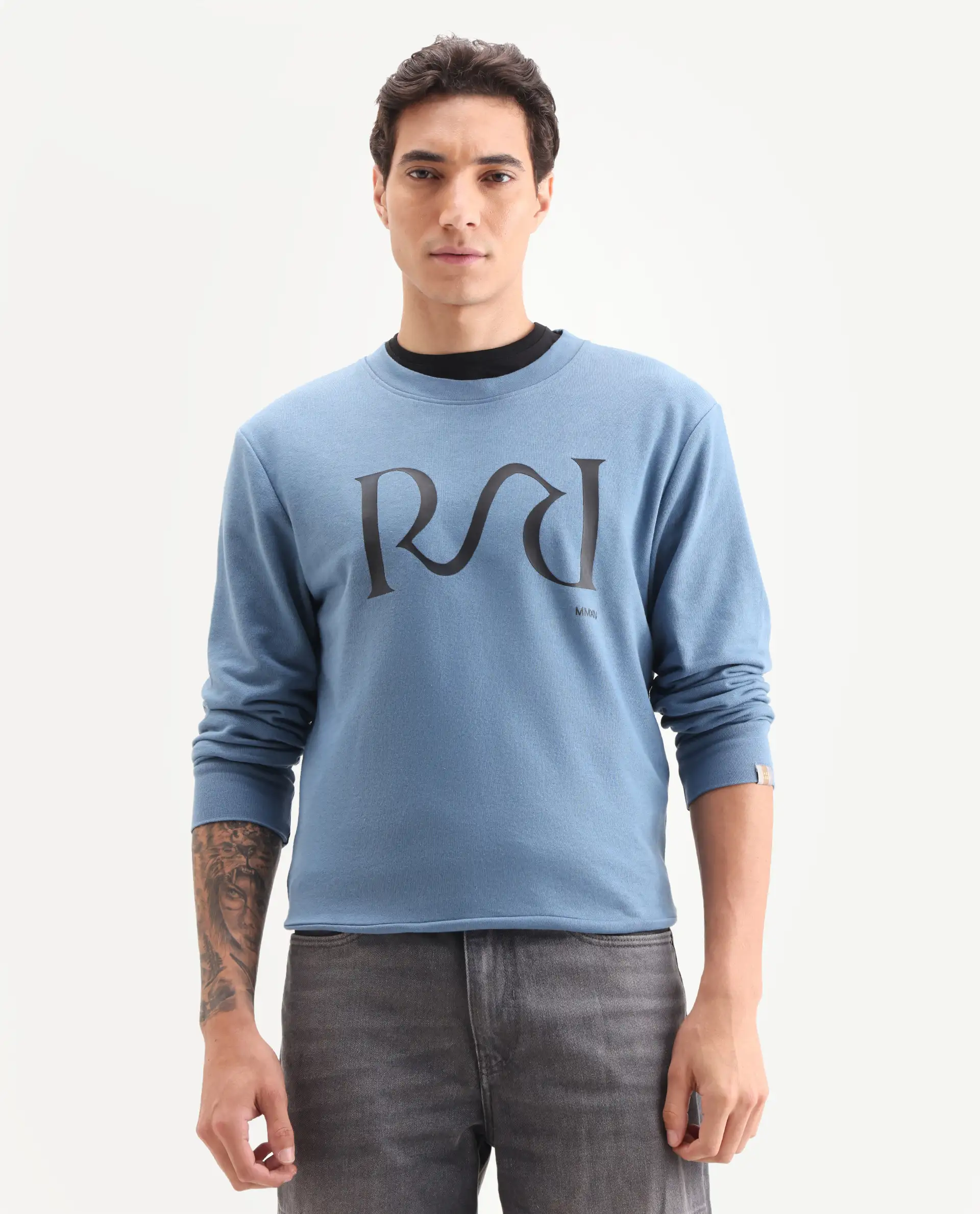 Rare Rabbit Men's Oris Dusky Blue Cotton Graphic Print Regular Fit Full Sleeve Crew Neck Sweatshirt - Image 3