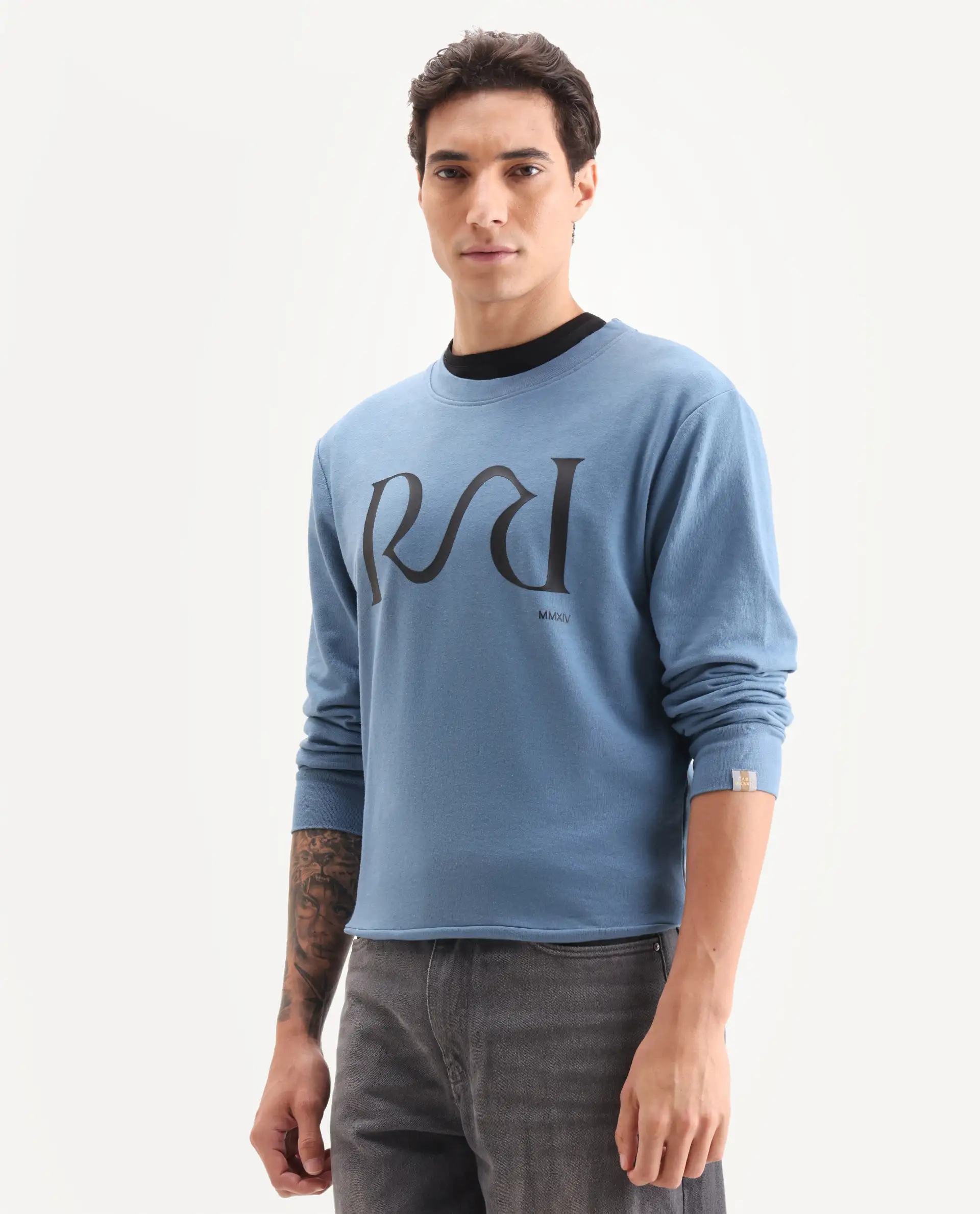 Rare Rabbit Men's Oris Dusky Blue Cotton Graphic Print Regular Fit Full Sleeve Crew Neck Sweatshirt - Image 5