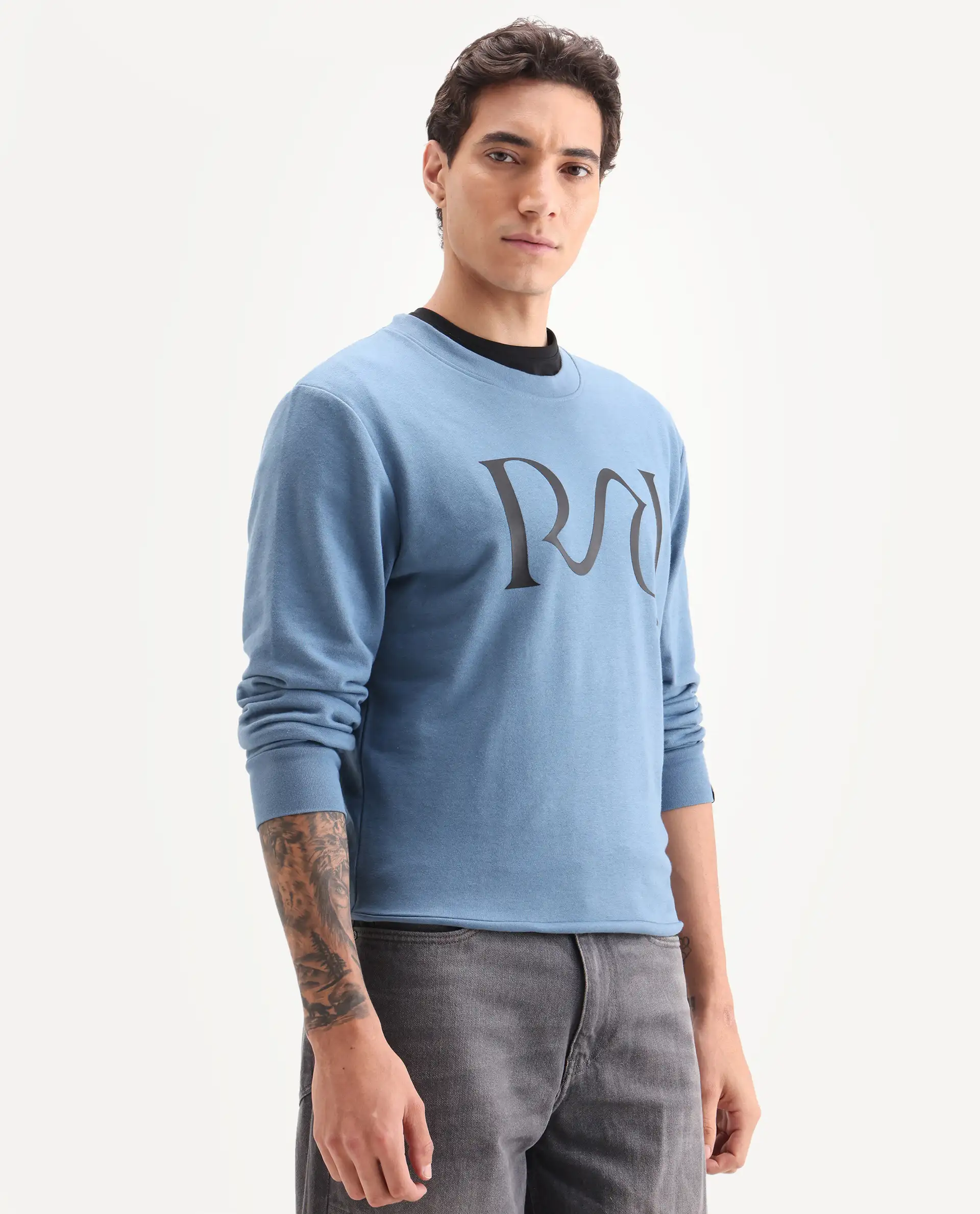 Rare Rabbit Men's Oris Dusky Blue Cotton Graphic Print Regular Fit Full Sleeve Crew Neck Sweatshirt - Image 6