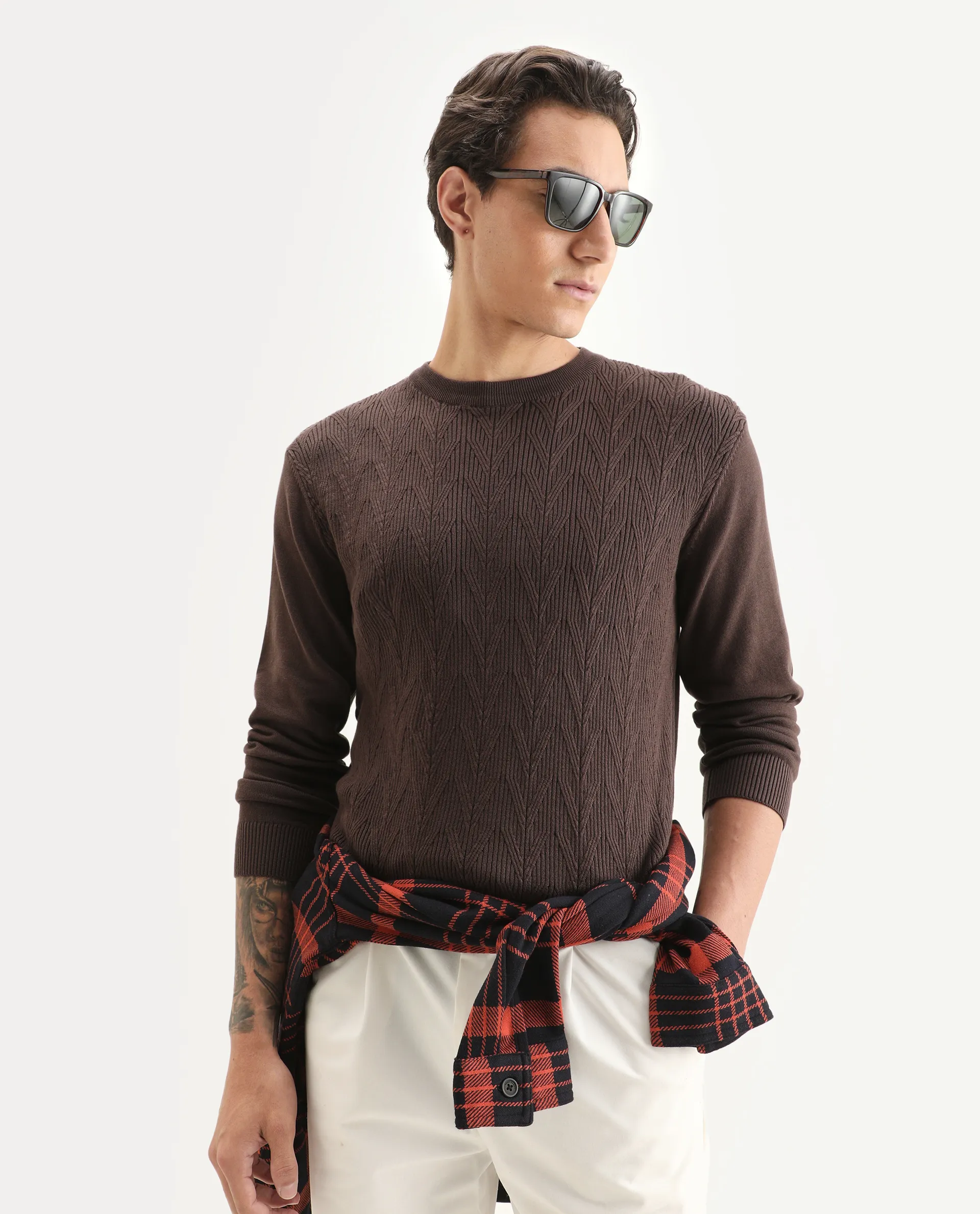 Rare Rabbit Men's Orito Brown Cotton Plain Regular Fit Full Sleeve Crew Neck Sweater