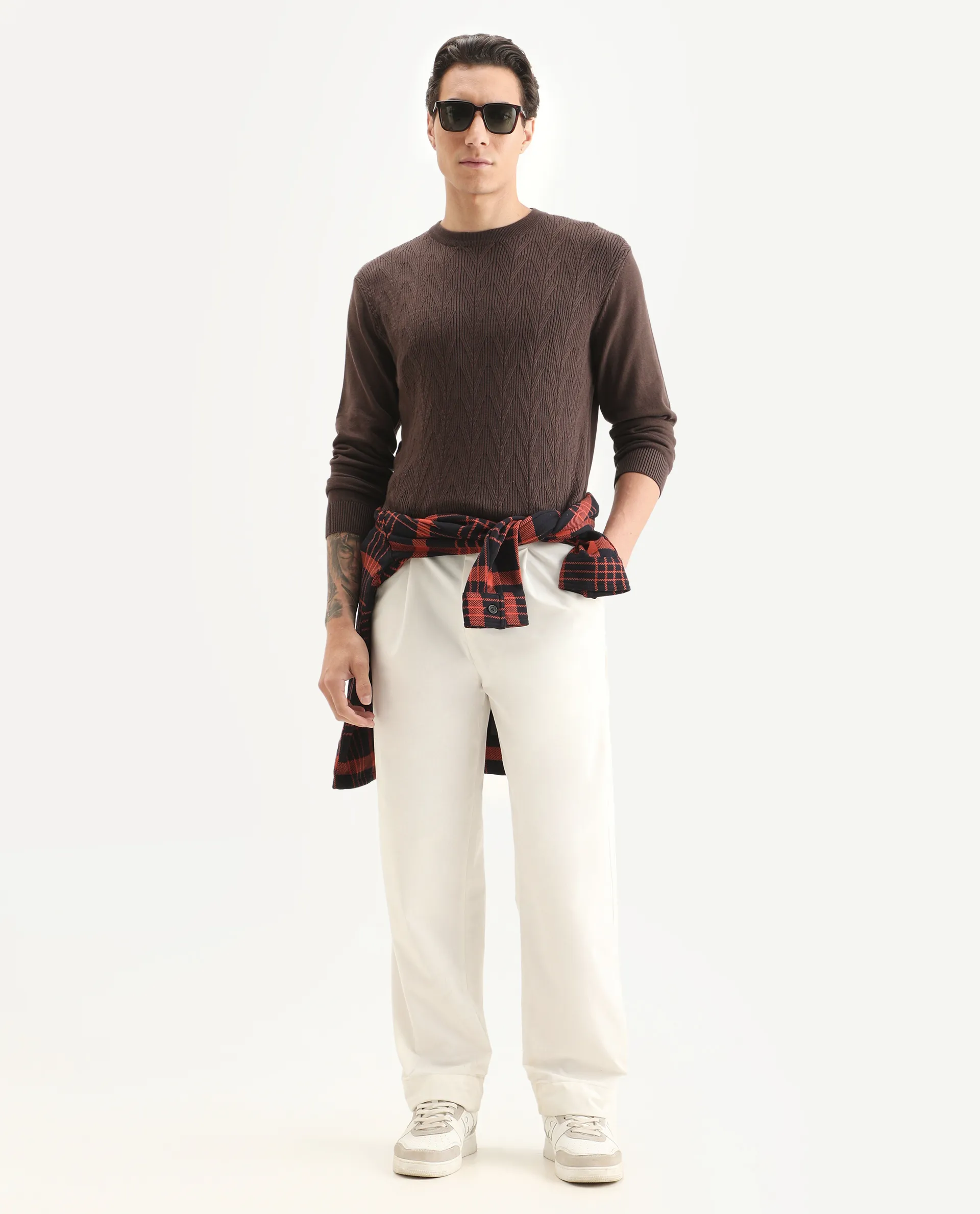 Rare Rabbit Men's Orito Brown Cotton Plain Regular Fit Full Sleeve Crew Neck Sweater - Image 2
