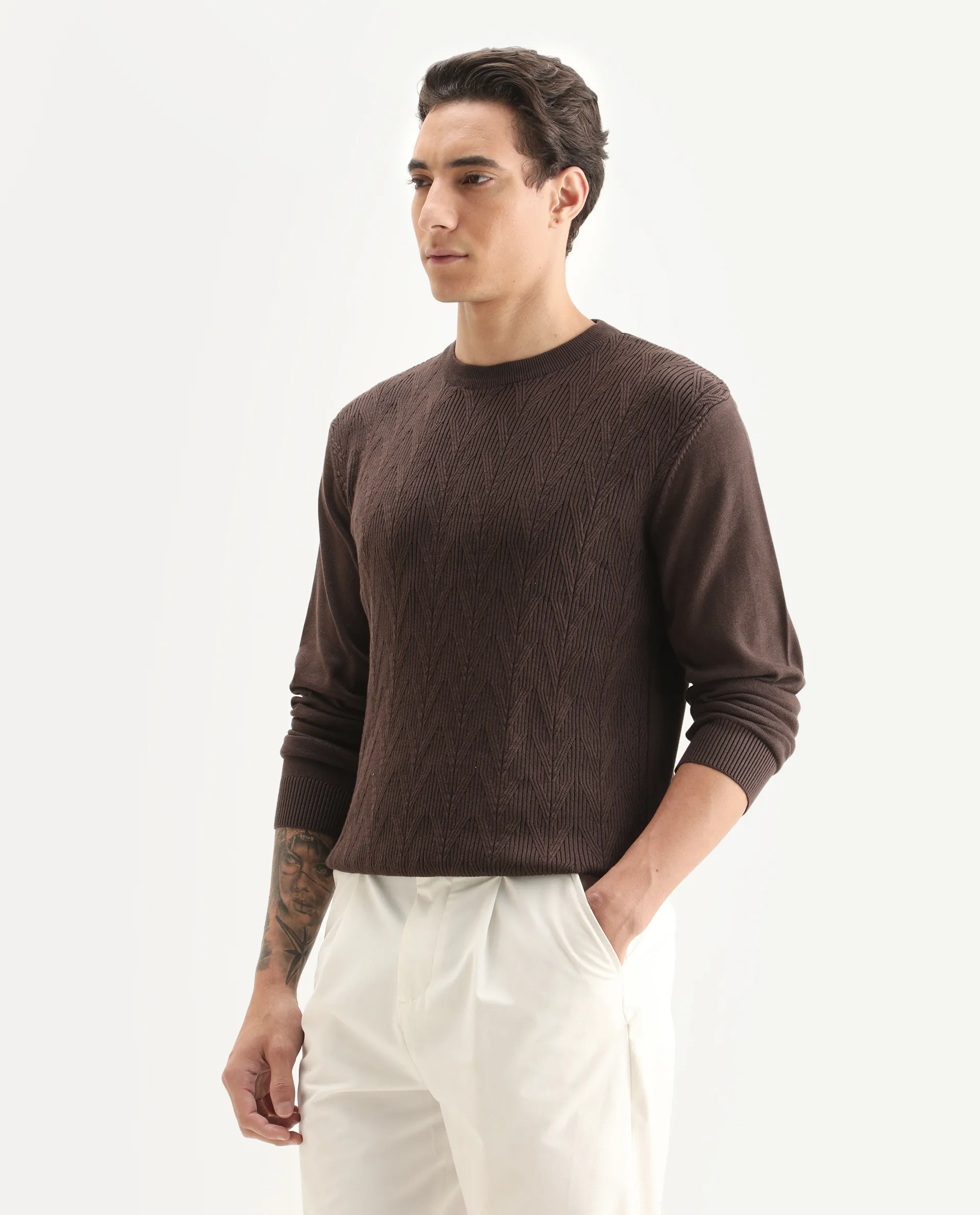 Rare Rabbit Men's Orito Brown Cotton Plain Regular Fit Full Sleeve Crew Neck Sweater - Image 5