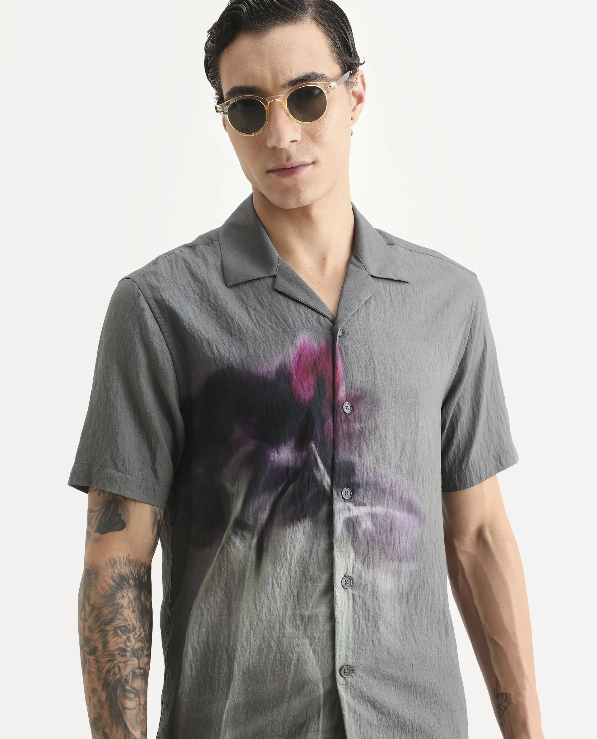 Rare Rabbit Men's Orla Grey Viscose Blend Fabric Half Sleeve Cuban Collar Regular Fit Floral Print Shirt